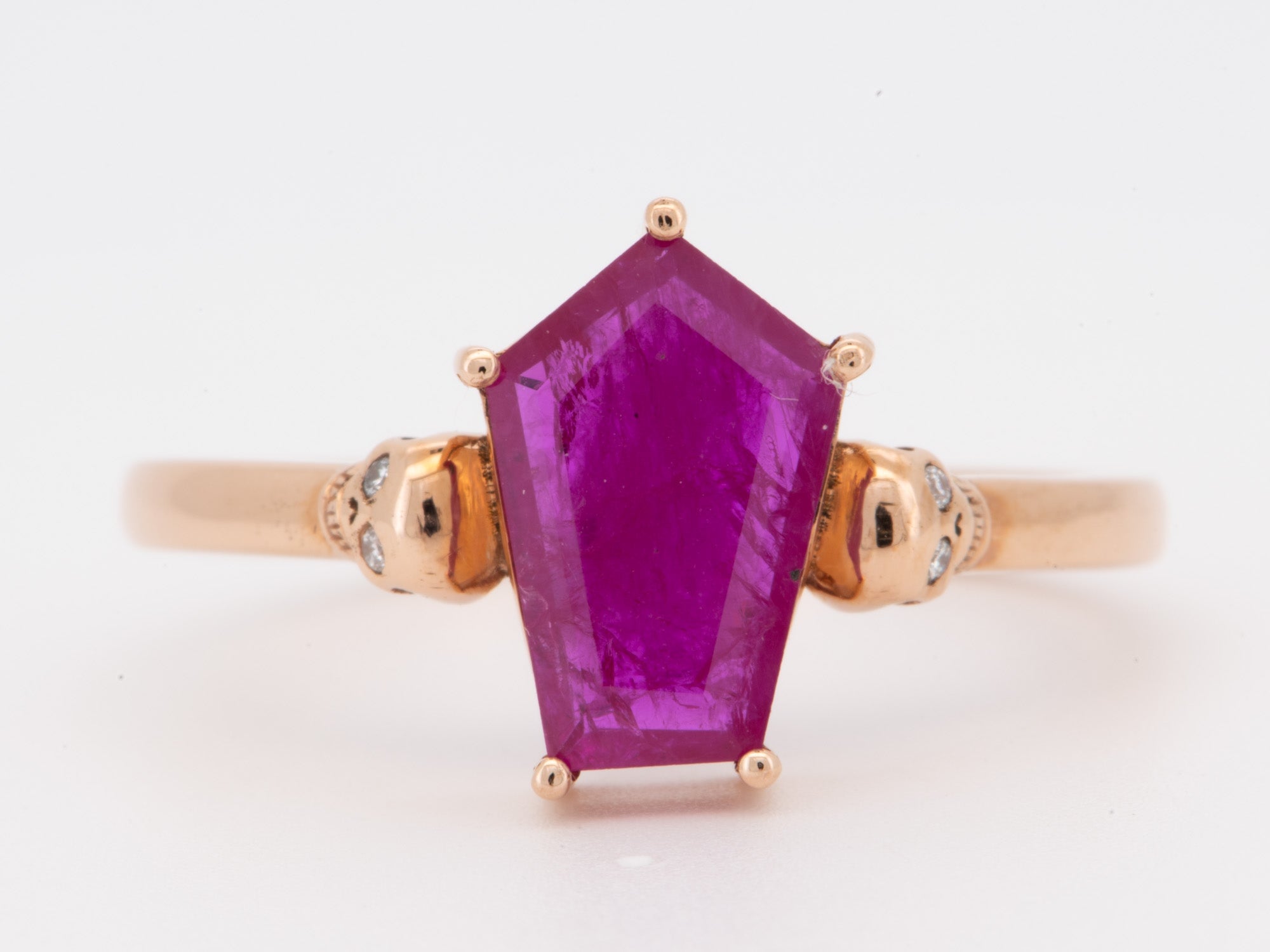 Coffin Shape Ruby with Skulls Diamond Eyes 14K Rose Gold Ring Memento Mori Unique Right Hand Ring R6795