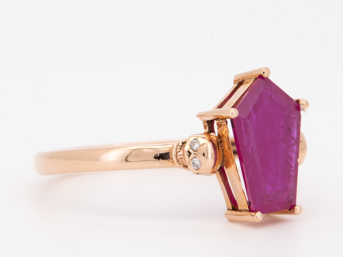 Coffin Shape Ruby with Skulls Diamond Eyes 14K Rose Gold Ring Memento Mori Unique Right Hand Ring R6795 Closeout
