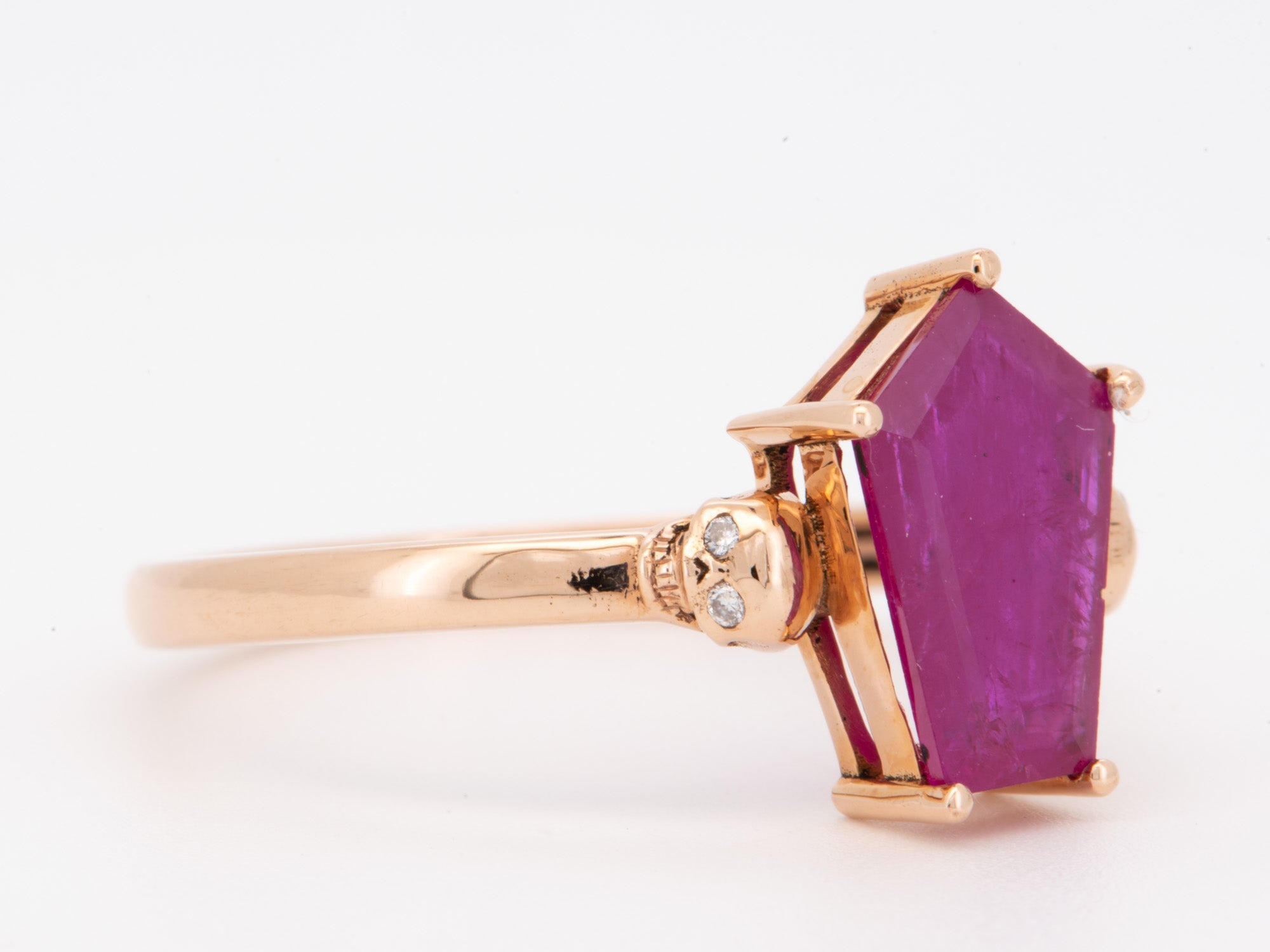 Coffin Shape Ruby with Skulls Diamond Eyes 14K Rose Gold Ring Memento Mori Unique Right Hand Ring R6795