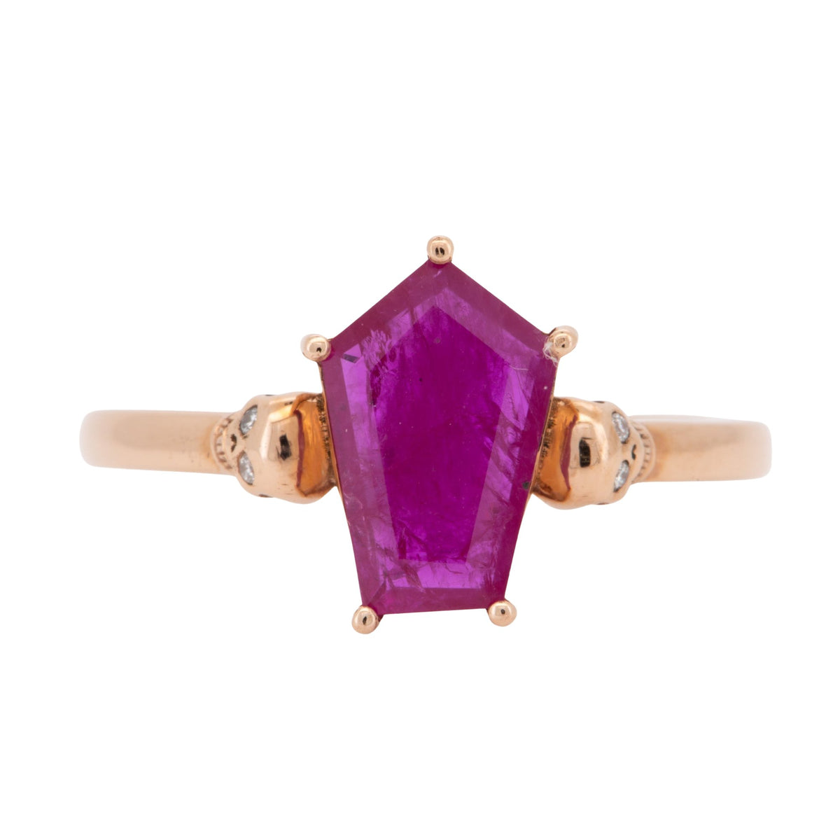 Coffin Shape Ruby with Skulls Diamond Eyes 14K Rose Gold Ring Memento Mori Unique Right Hand Ring R6795 Closeout