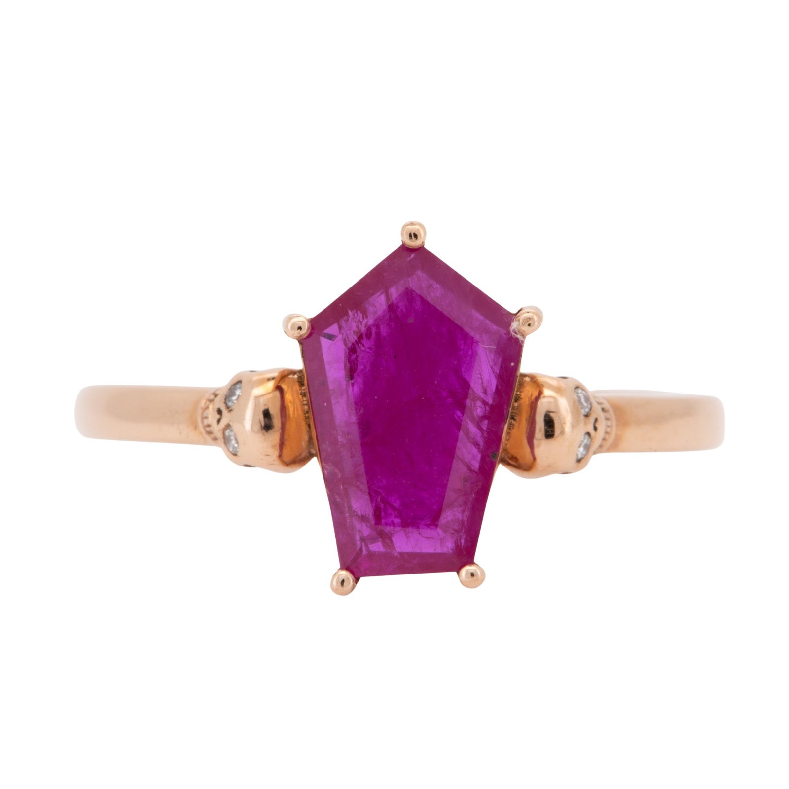 Coffin Shape Ruby with Skulls Diamond Eyes 14K Rose Gold Ring Memento Mori Unique Right Hand Ring R6795 Closeout
