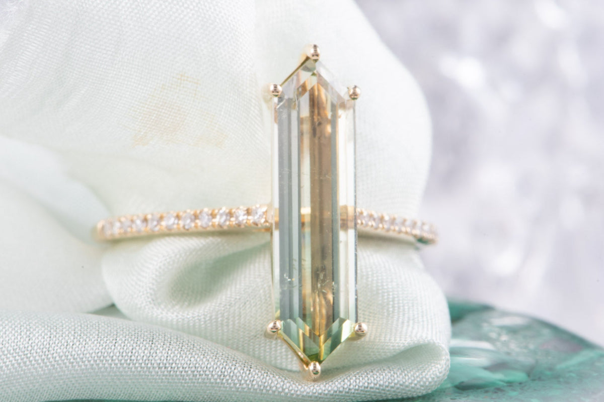 2.9ct Elongated Hexagon Tourmaline 14K Gold Engagement Ring with Diamond Pave Band R6796 Aurora Designer