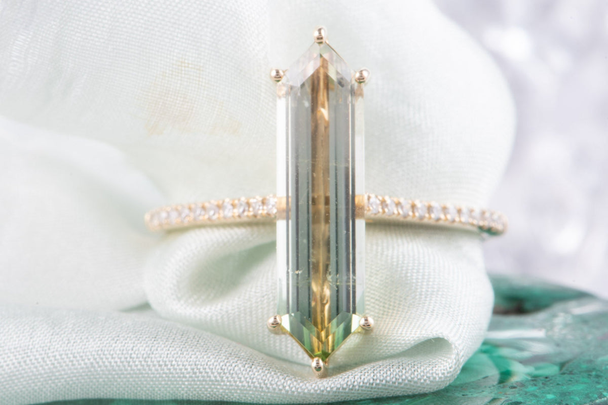 2.9ct Elongated Hexagon Tourmaline 14K Gold Engagement Ring with Diamond Pave Band R6796 Aurora Designer