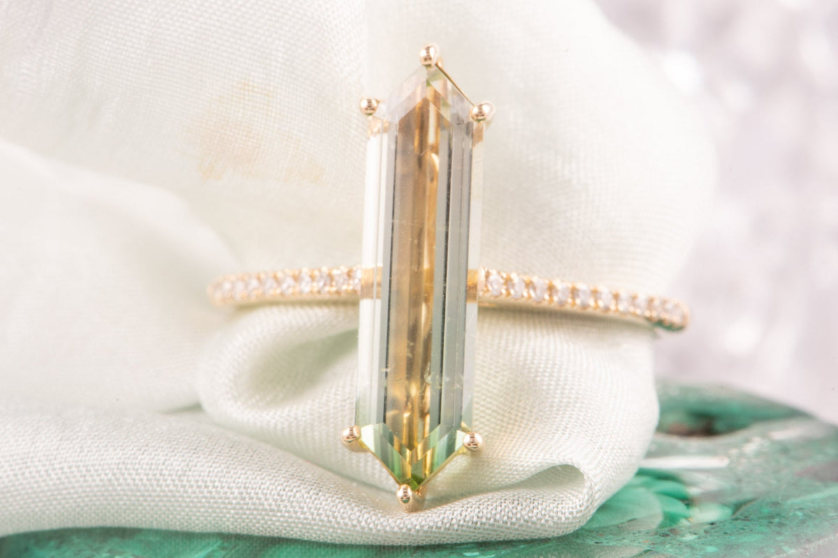 2.9ct Elongated Hexagon Tourmaline 14K Gold Engagement Ring with Diamond Pave Band R6796 Aurora Designer