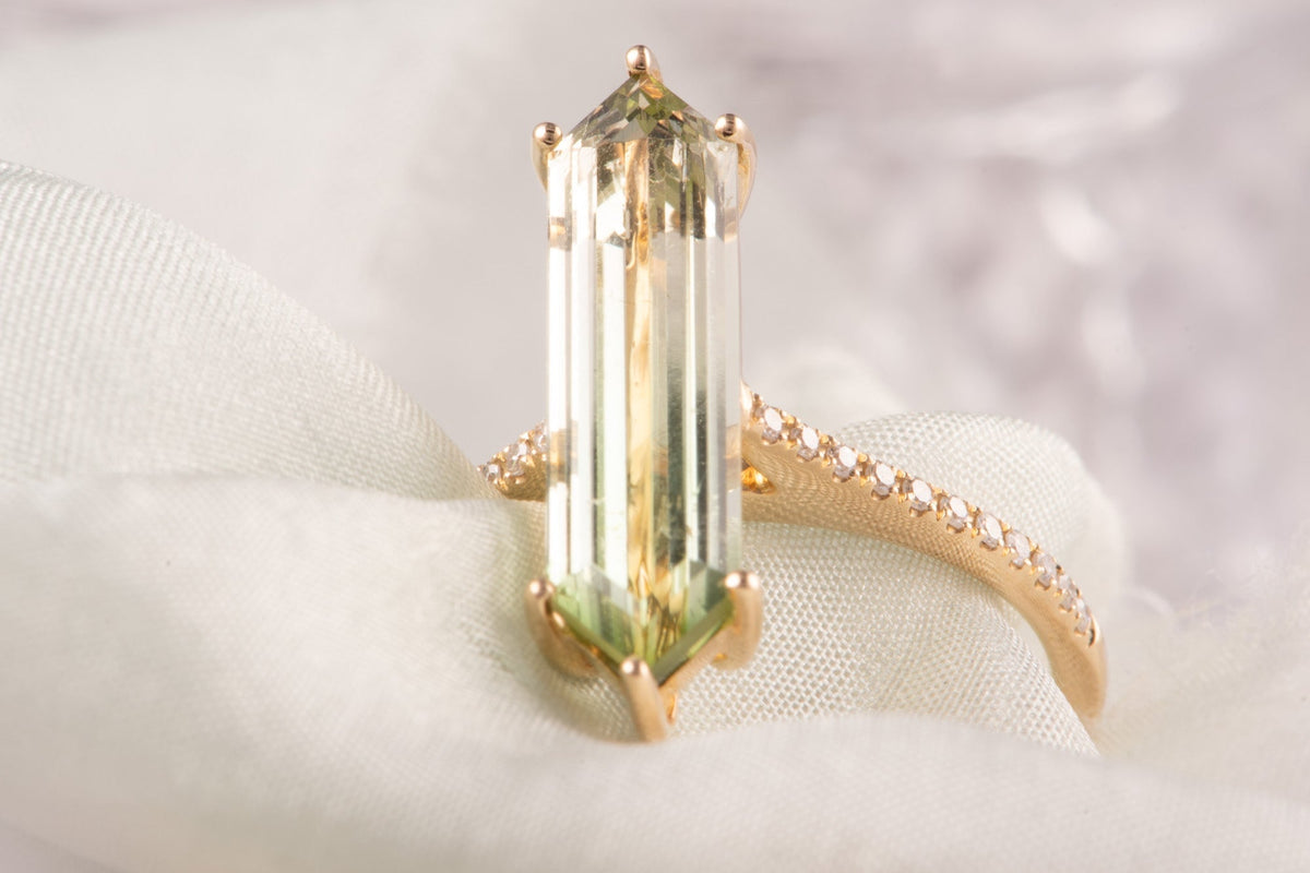 2.9ct Elongated Hexagon Tourmaline 14K Gold Engagement Ring with Diamond Pave Band R6796 Aurora Designer