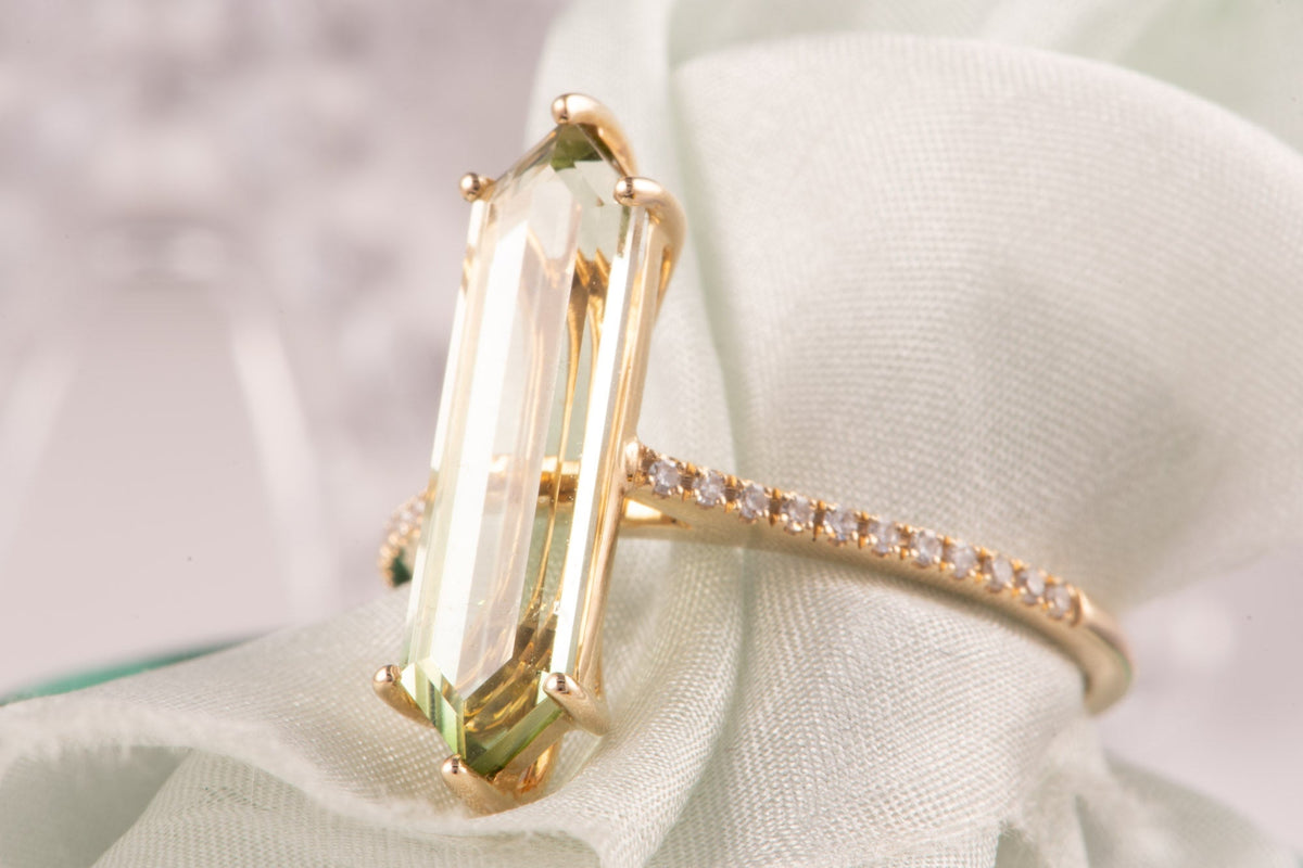 2.9ct Elongated Hexagon Tourmaline 14K Gold Engagement Ring with Diamond Pave Band R6796 Aurora Designer