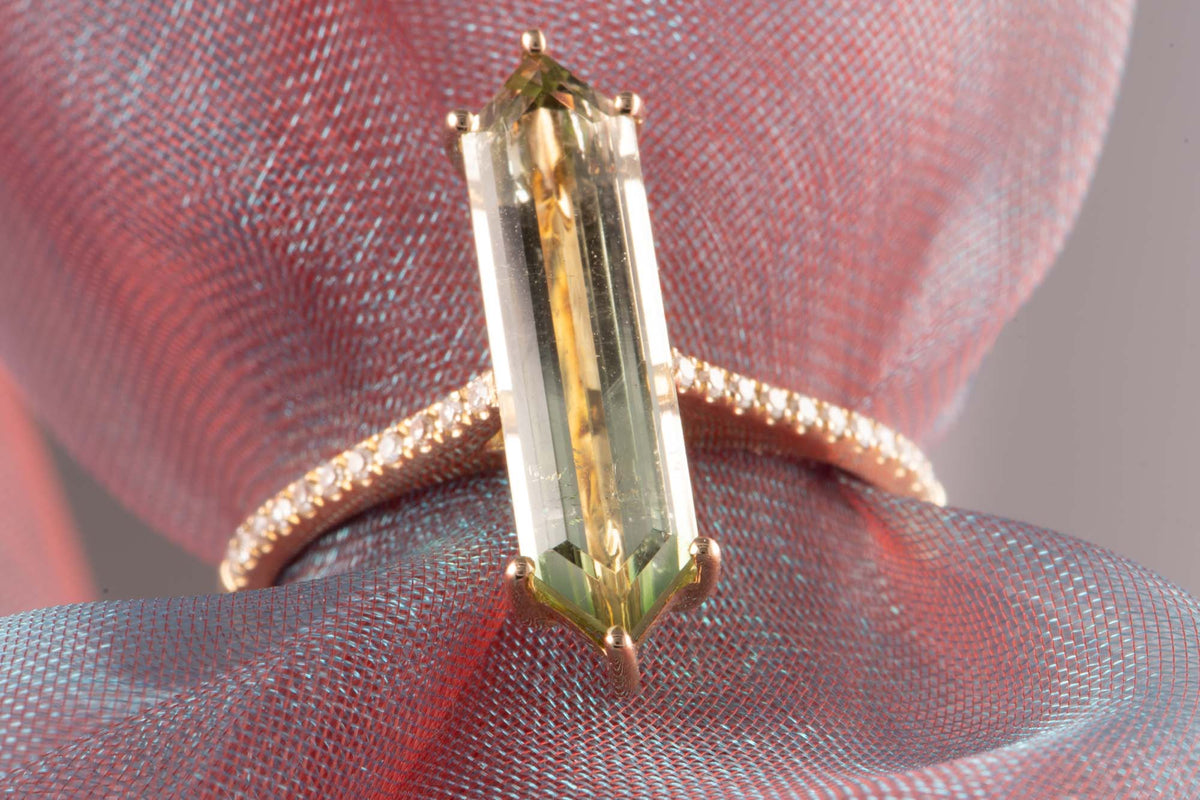 2.9ct Elongated Hexagon Tourmaline 14K Gold Engagement Ring with Diamond Pave Band R6796 Aurora Designer