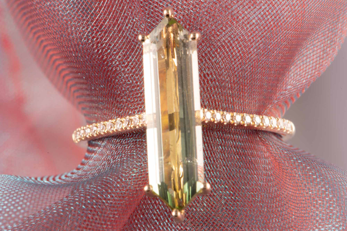 2.9ct Elongated Hexagon Tourmaline 14K Gold Engagement Ring with Diamond Pave Band R6796 Aurora Designer