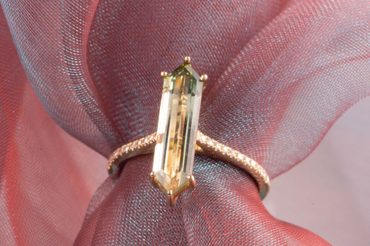 2.9ct Elongated Hexagon Tourmaline 14K Gold Engagement Ring with Diamond Pave Band R6796 Aurora Designer