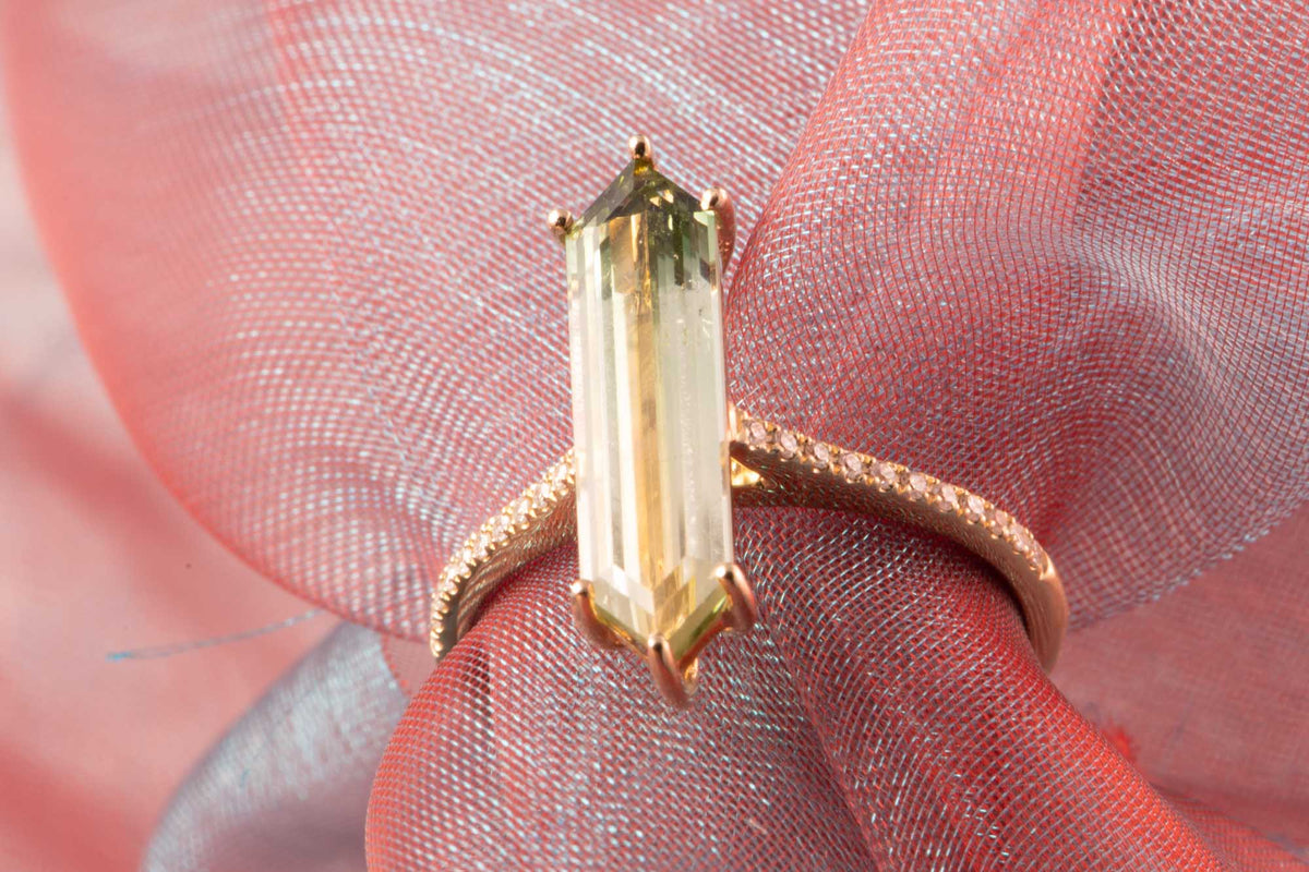 2.9ct Elongated Hexagon Tourmaline 14K Gold Engagement Ring with Diamond Pave Band R6796 Aurora Designer