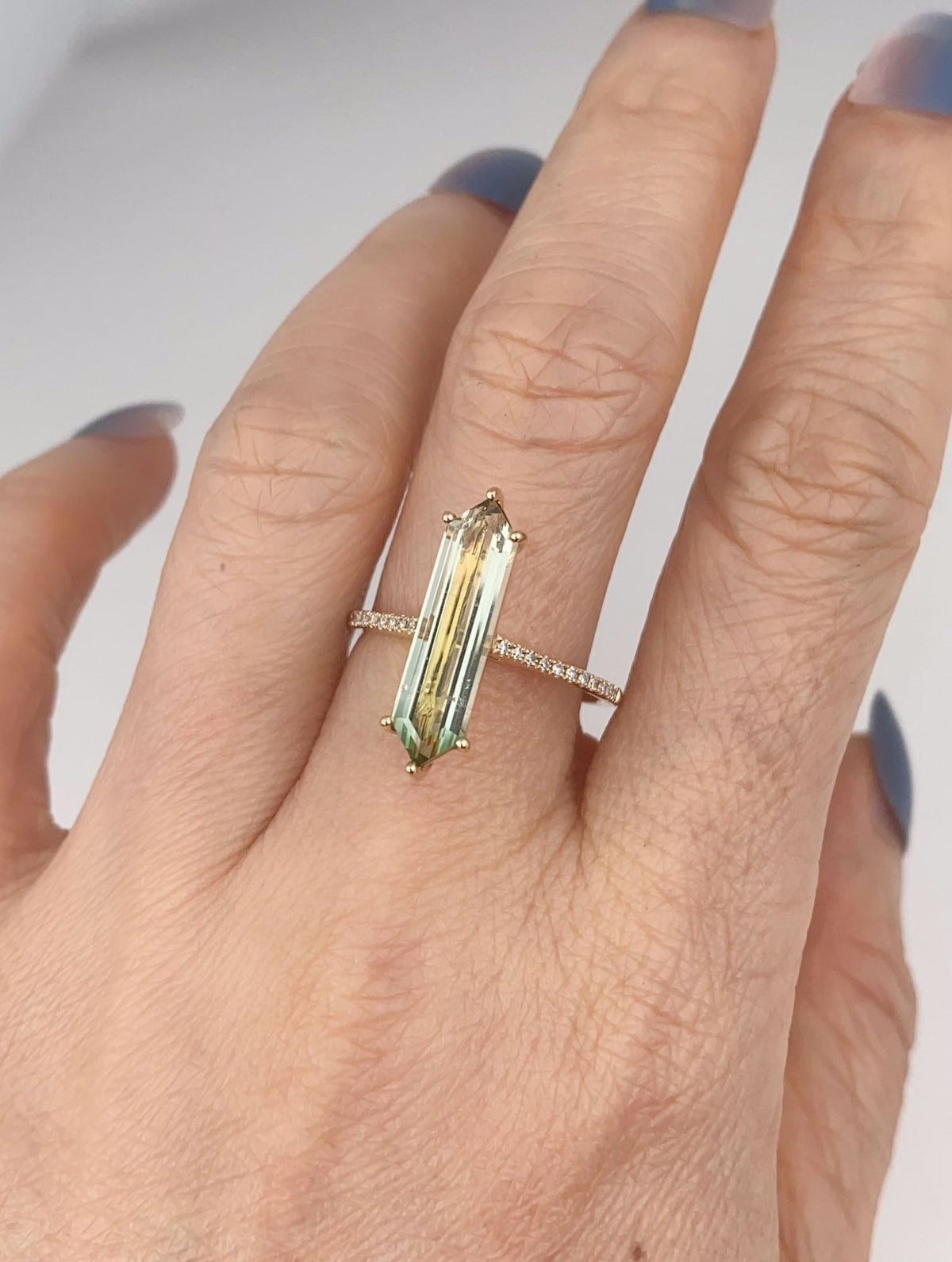 2.9ct Elongated Hexagon Tourmaline 14K Gold Engagement Ring with Diamond Pave Band R6796 Aurora Designer