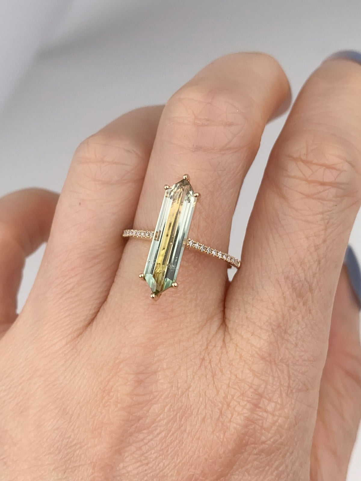 2.9ct Elongated Hexagon Tourmaline 14K Gold Engagement Ring with Diamond Pave Band R6796 Aurora Designer