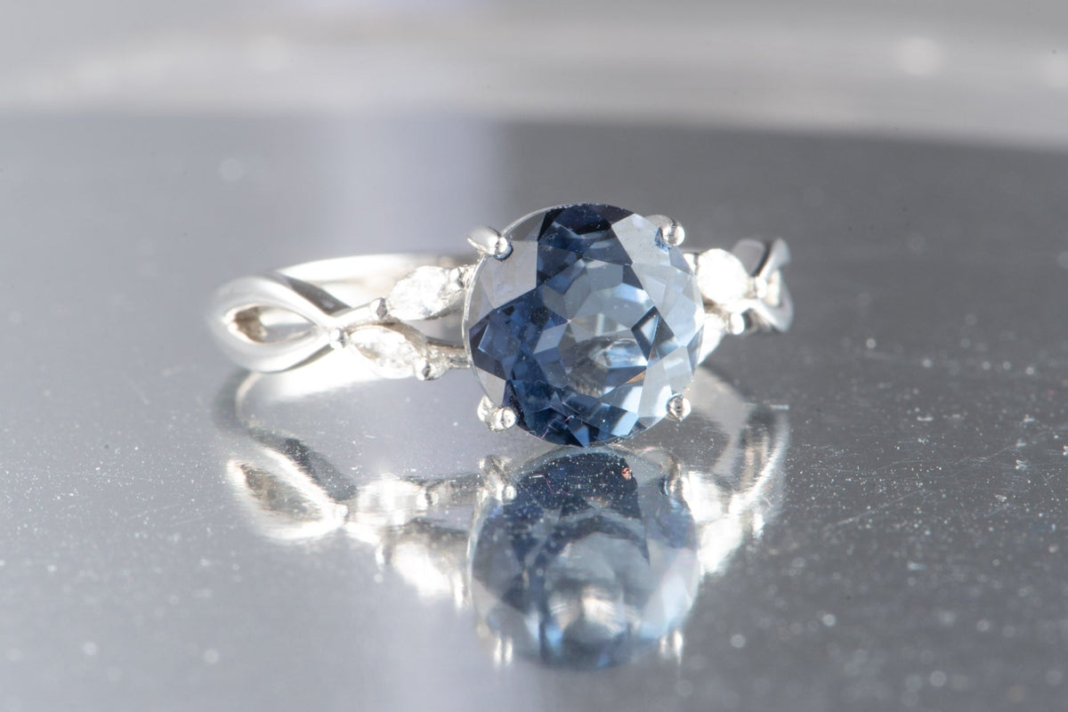 2.05ct Natural Unheated Tanzanite 14K White Gold Engagement Ring with Diamond Leaf on Band Nature Inspired R6797 Aurora Designer