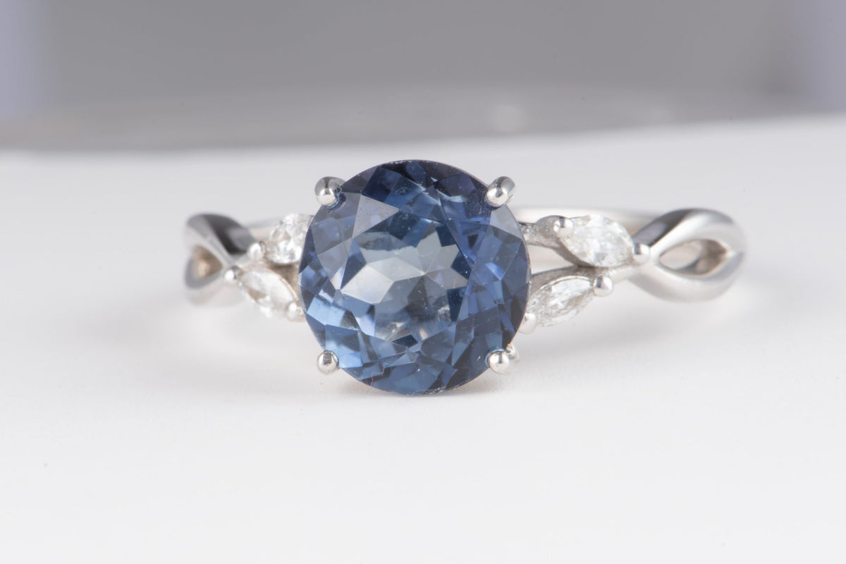 2.05ct Natural Unheated Tanzanite 14K White Gold Engagement Ring with Diamond Leaf on Band Nature Inspired R6797 Aurora Designer