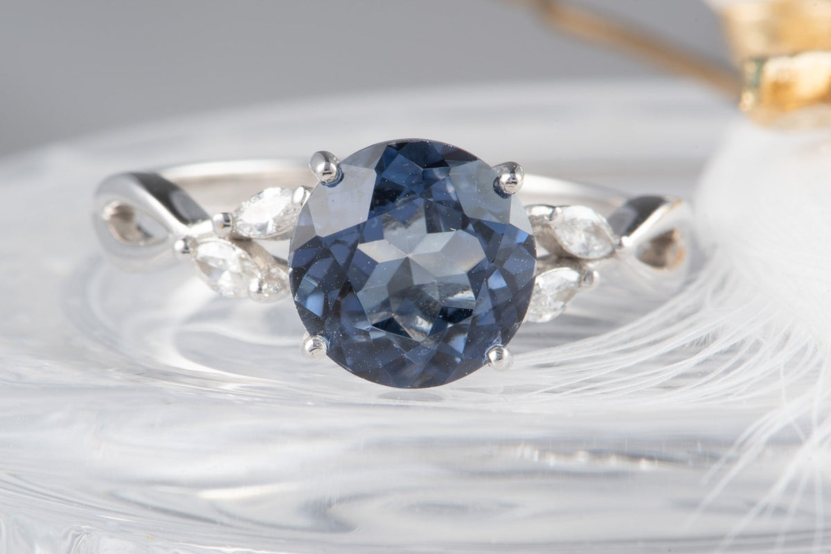 2.05ct Natural Unheated Tanzanite 14K White Gold Engagement Ring with Diamond Leaf on Band Nature Inspired R6797 Aurora Designer