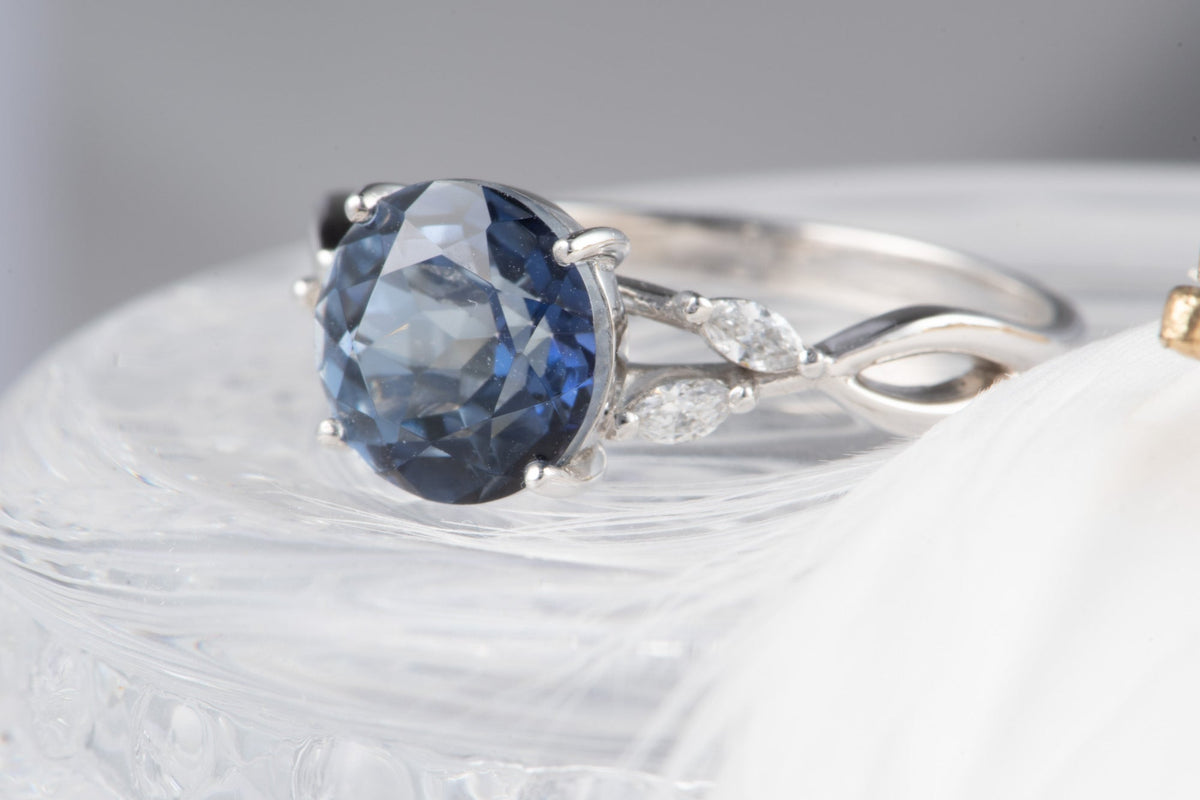 2.05ct Natural Unheated Tanzanite 14K White Gold Engagement Ring with Diamond Leaf on Band Nature Inspired R6797 Aurora Designer