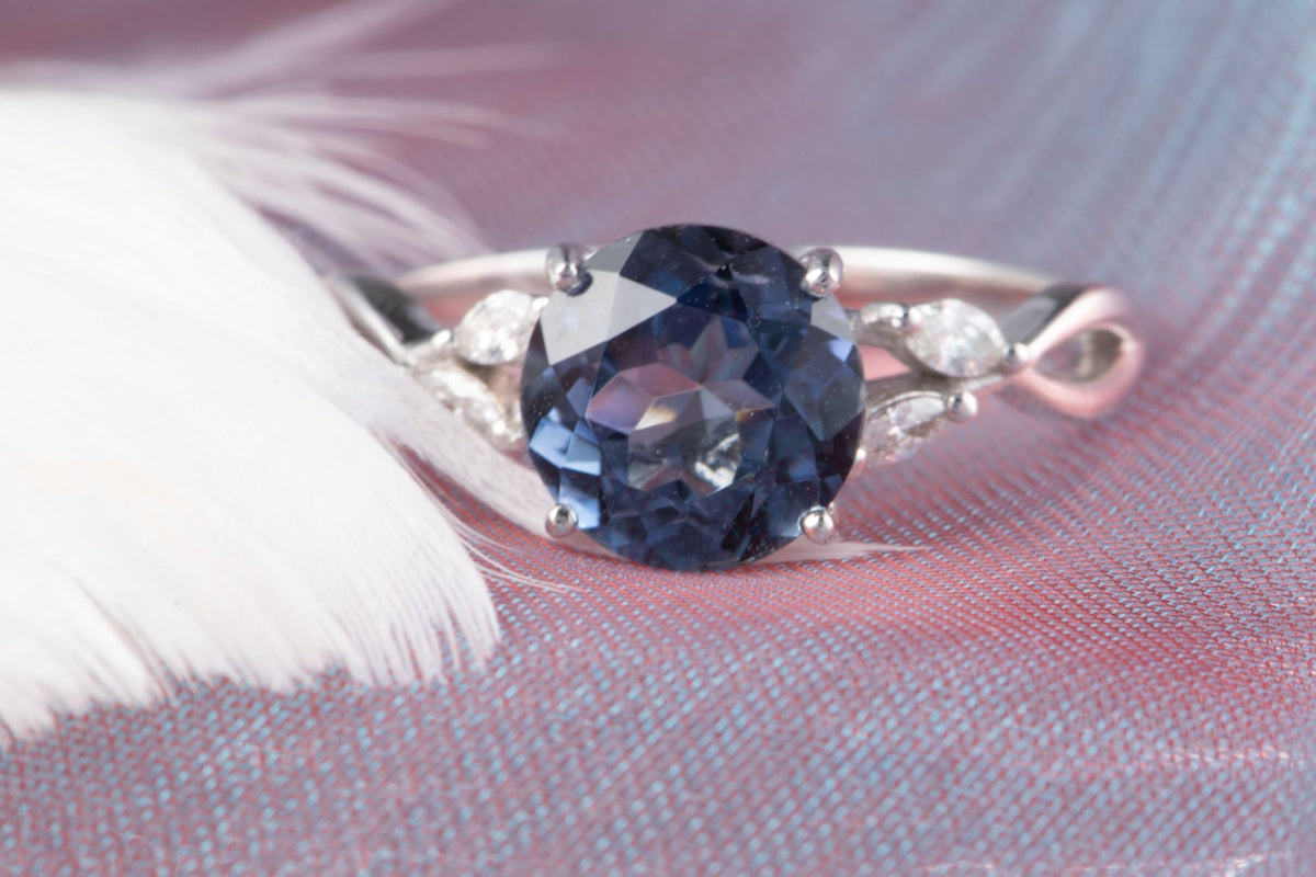 2.05ct Natural Unheated Tanzanite 14K White Gold Engagement Ring with Diamond Leaf on Band Nature Inspired R6797 Aurora Designer