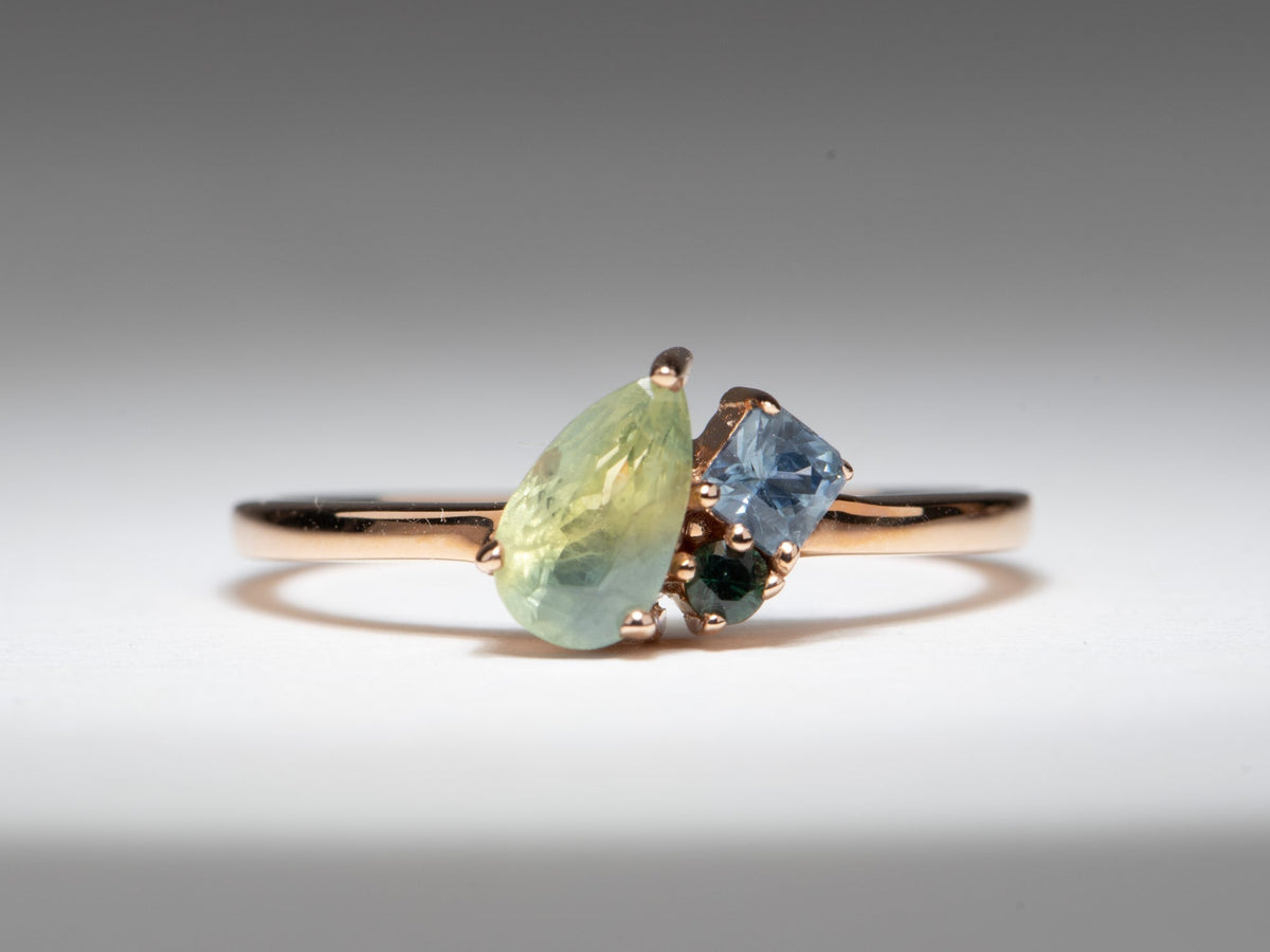 14K Rose Gold Opalescent Milky Montana Sapphire Cluster Ring Asymmetrical R6800 Aurora Designer