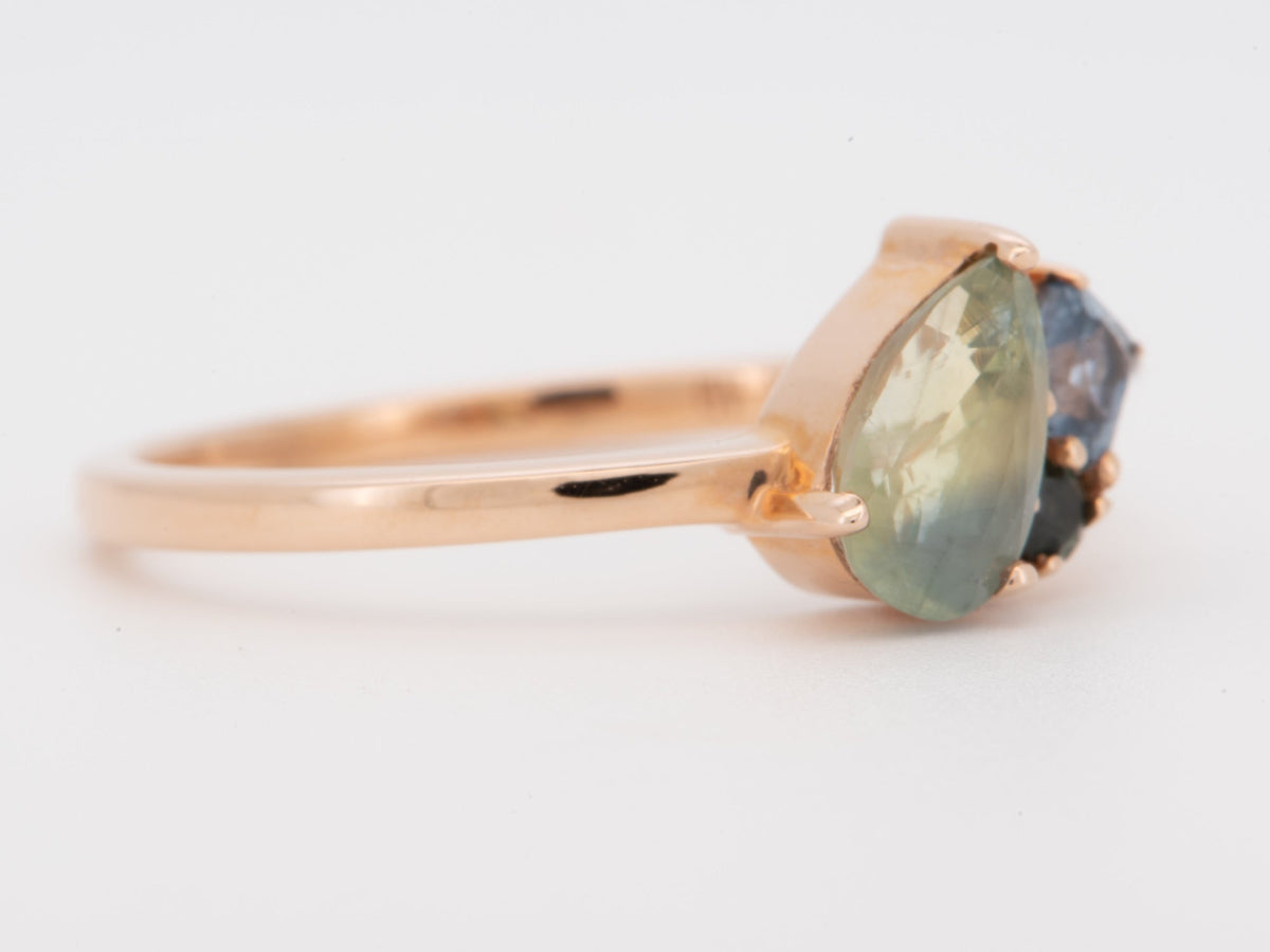 14K Rose Gold Opalescent Milky Montana Sapphire Cluster Ring Asymmetrical R6800 Aurora Designer