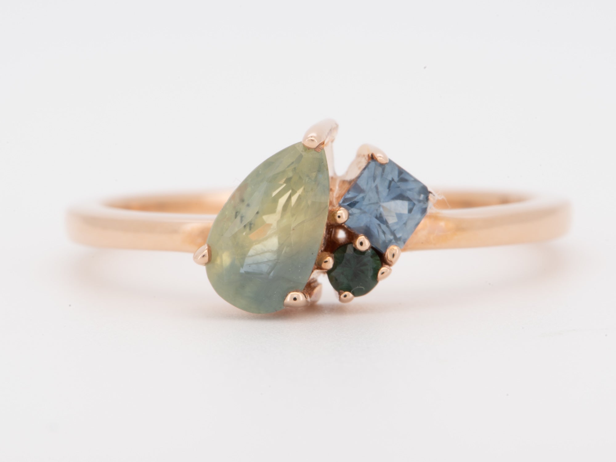 14K Rose Gold Opalescent Milky Montana Sapphire Cluster Ring Asymmetrical R6800 Aurora Designer