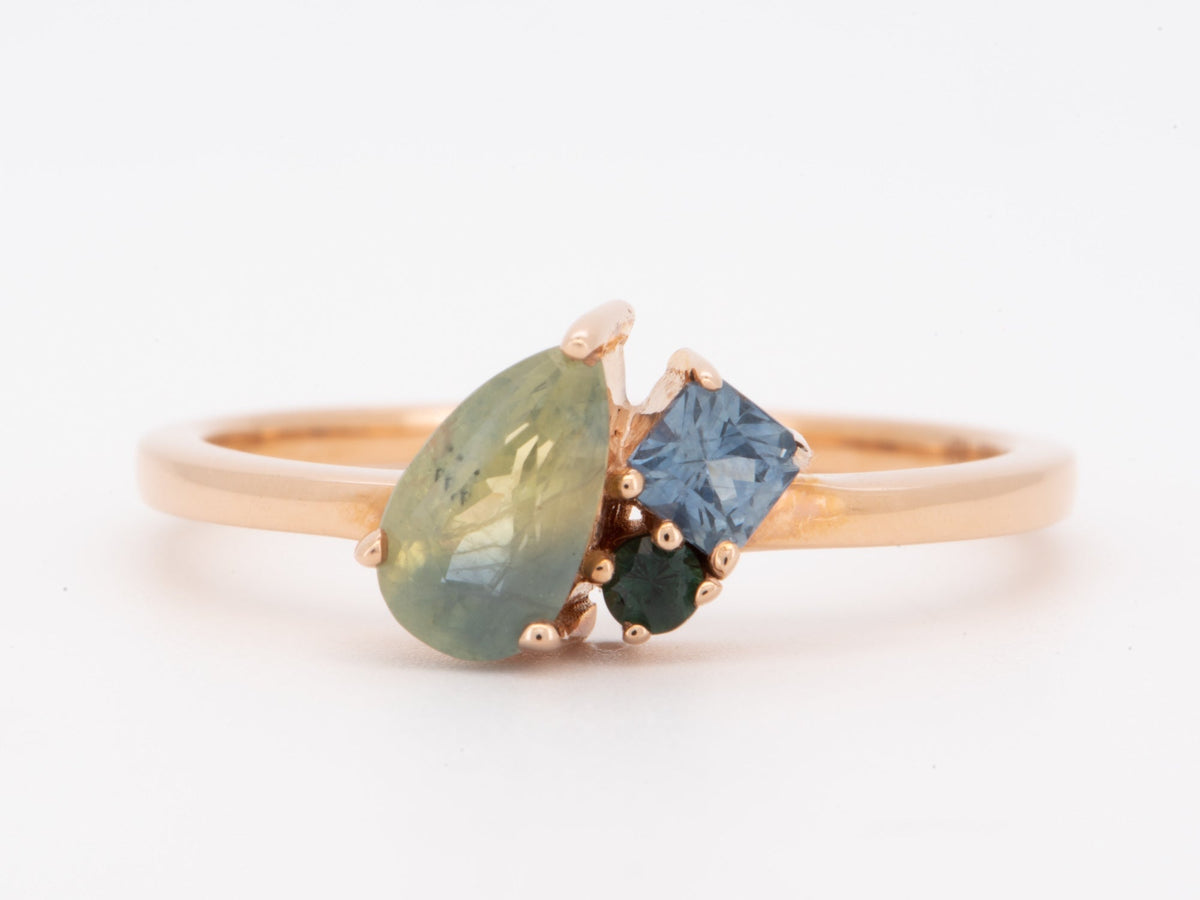 14K Rose Gold Opalescent Milky Montana Sapphire Cluster Ring Asymmetrical R6800 Aurora Designer