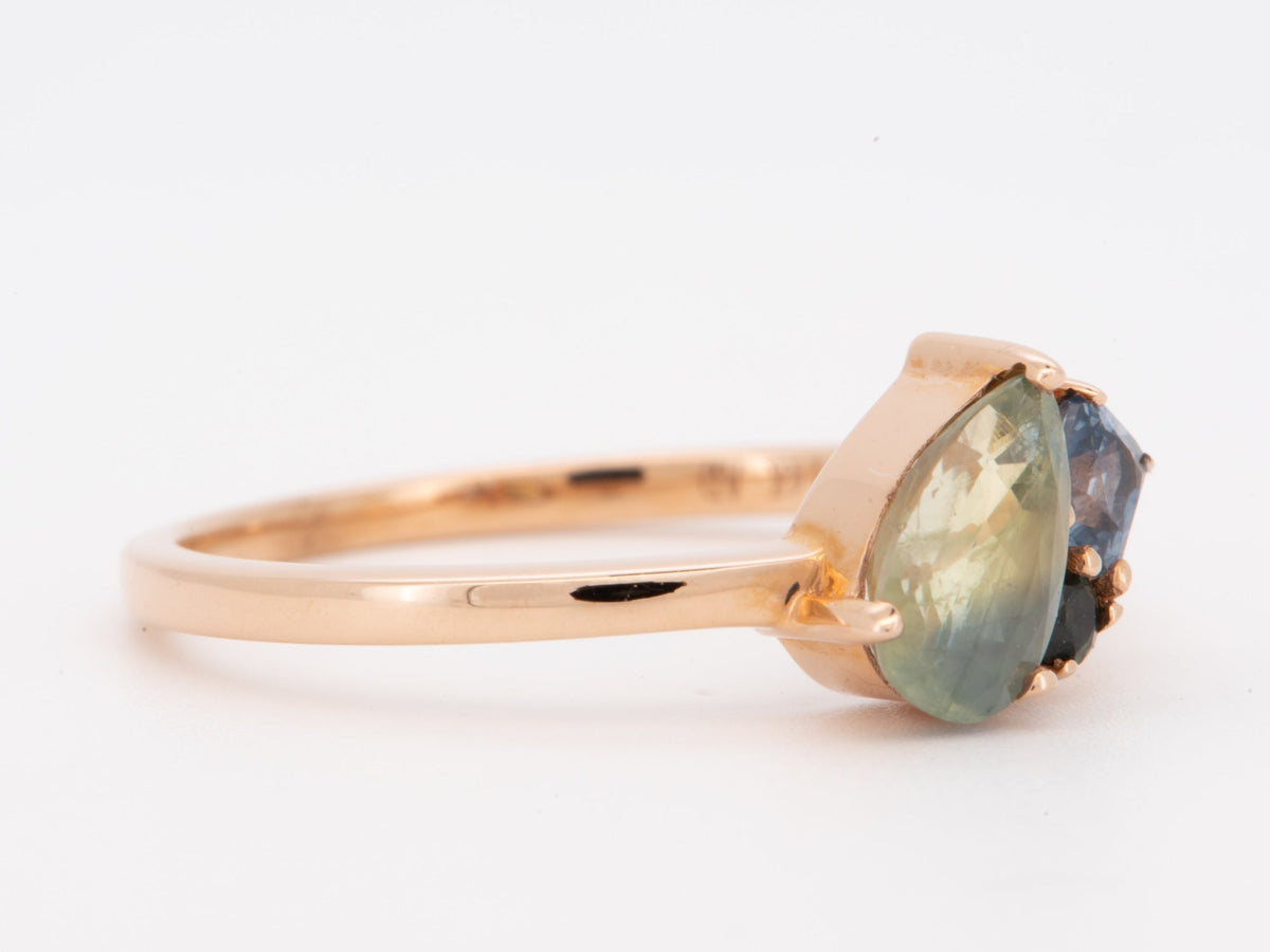 14K Rose Gold Opalescent Milky Montana Sapphire Cluster Ring Asymmetrical R6800 Aurora Designer