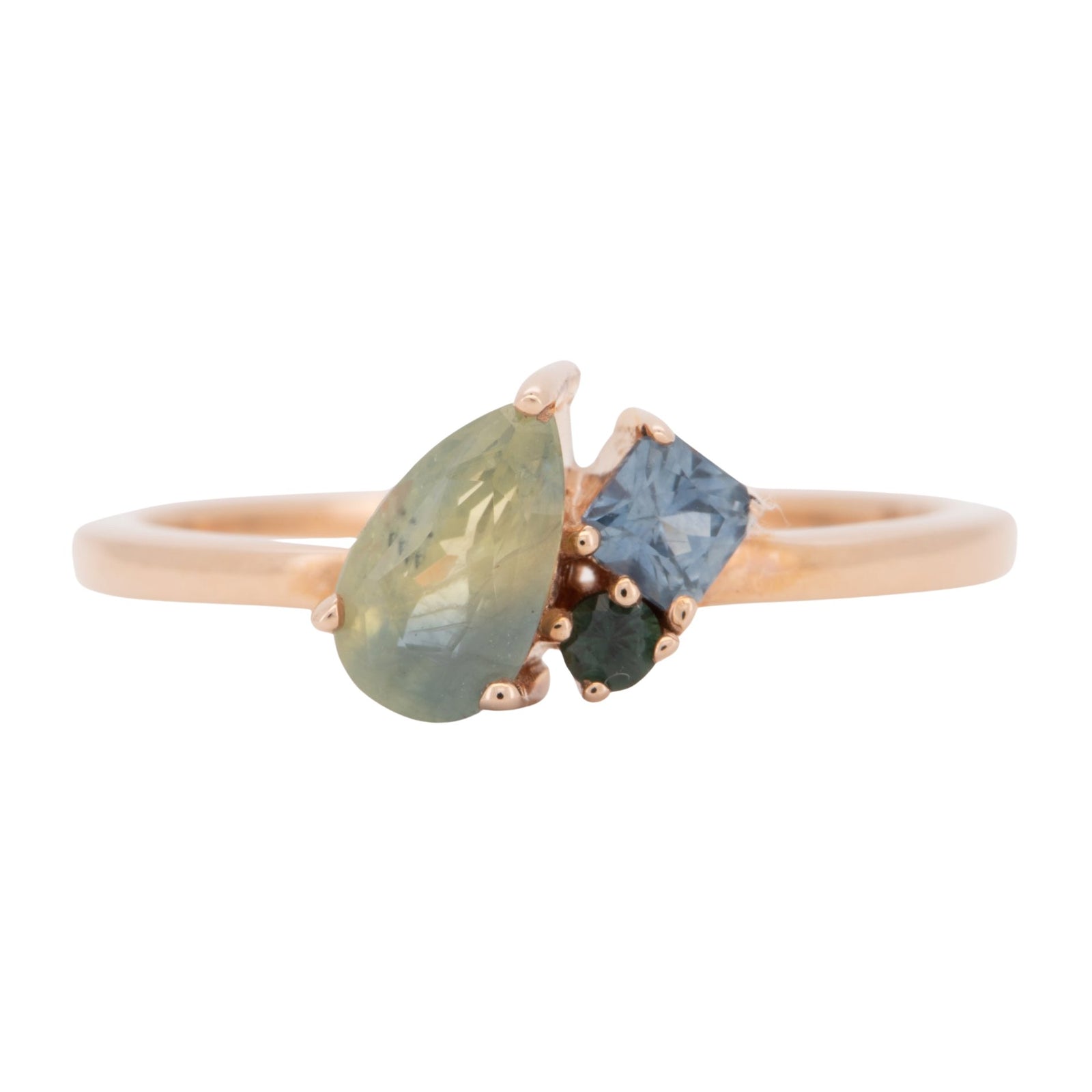 14K Rose Gold Opalescent Milky Montana Sapphire Cluster Ring Asymmetrical R6800 Aurora Designer