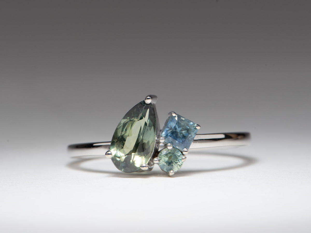 14K White Gold Bi-Color Montana Sapphire Cluster Ring Asymmetrical Unique R6801 Aurora Designer