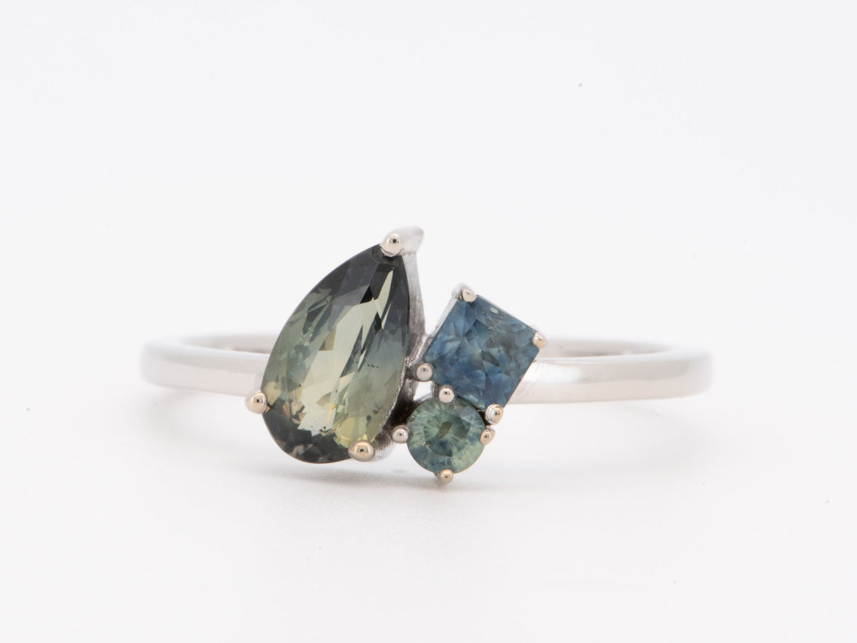 14K White Gold Bi-Color Montana Sapphire Cluster Ring Asymmetrical Unique R6801 Aurora Designer