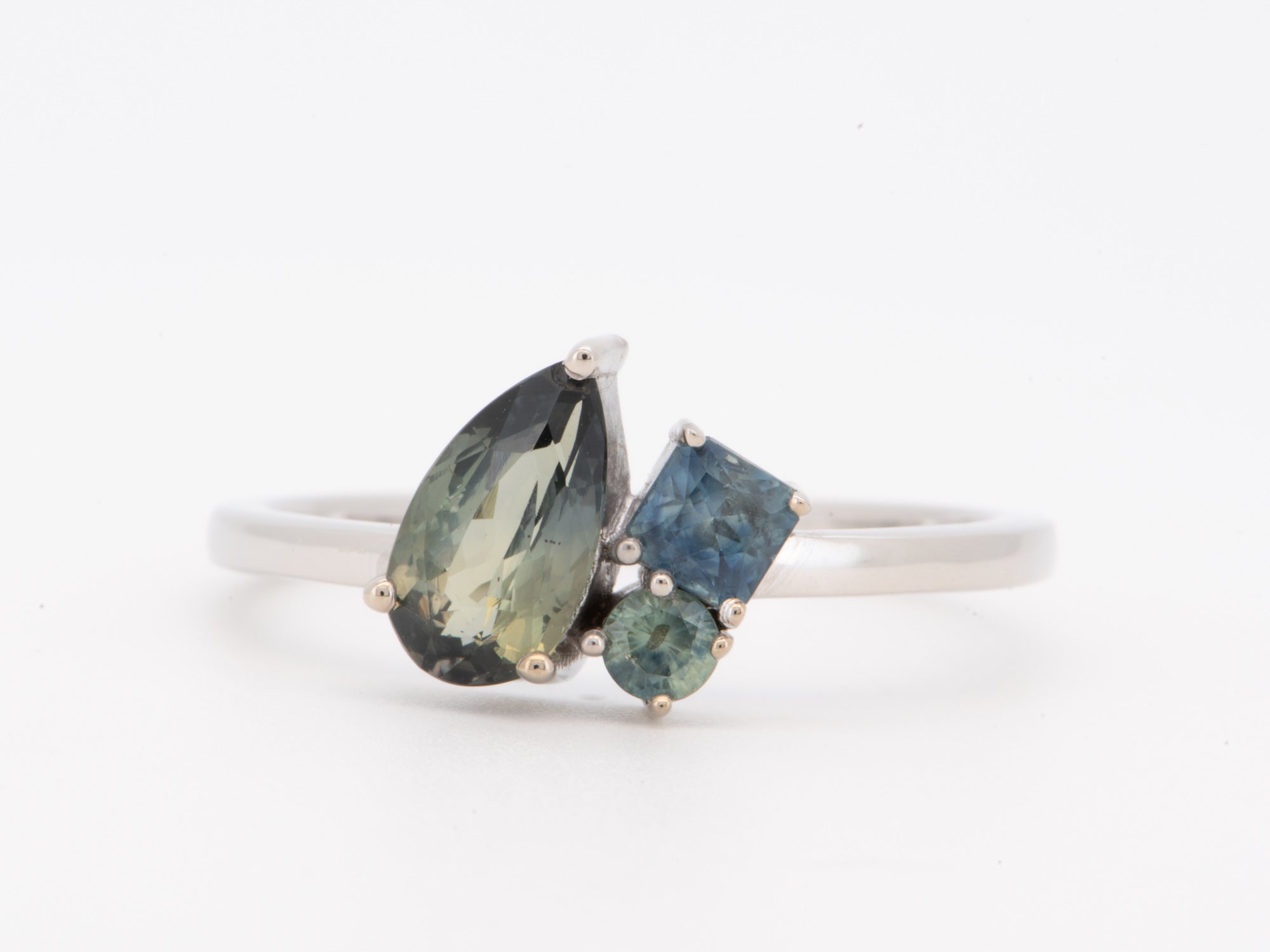 14K White Gold Bi-Color Montana Sapphire Cluster Ring Asymmetrical Unique R6801