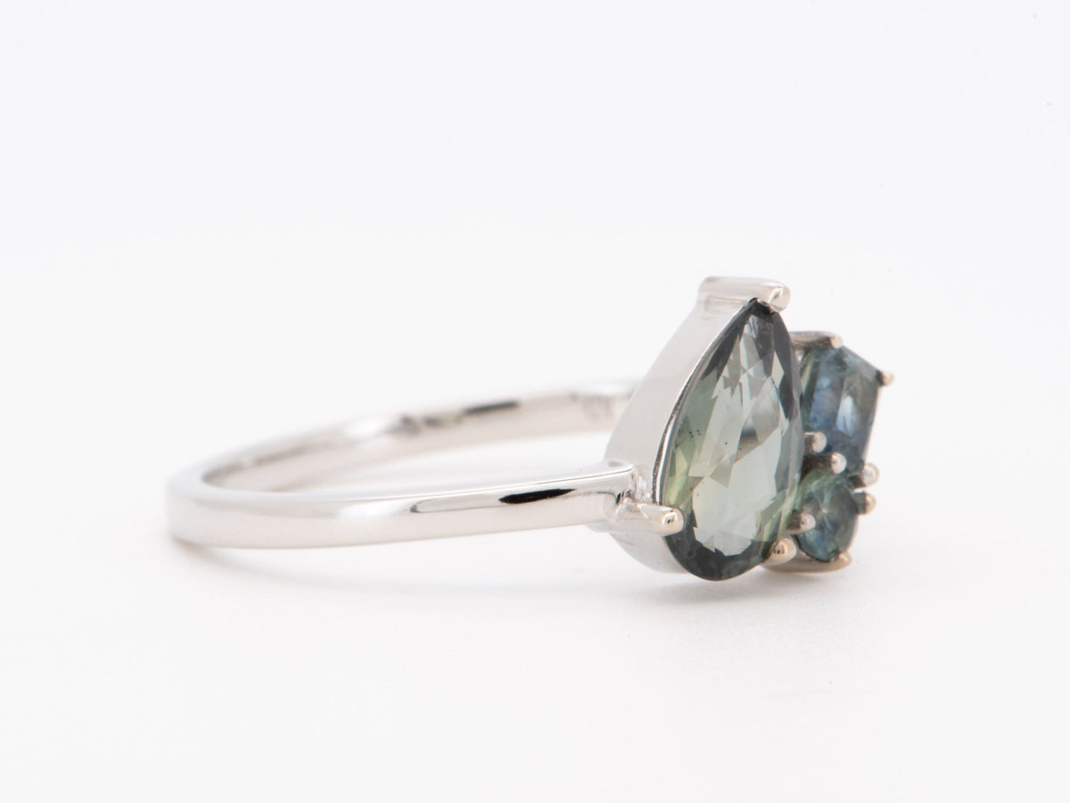 14K White Gold Bi-Color Montana Sapphire Cluster Ring Asymmetrical Unique R6801 Aurora Designer