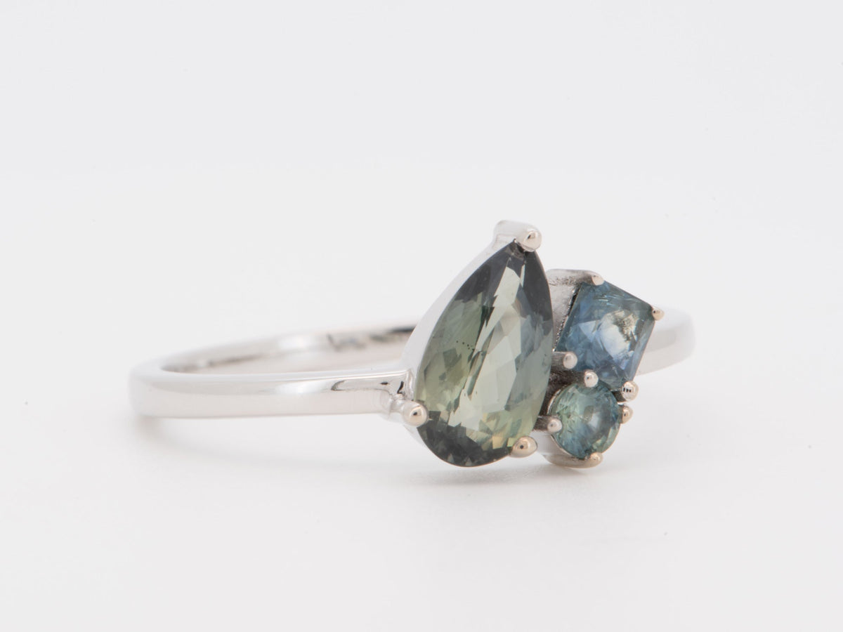 14K White Gold Bi-Color Montana Sapphire Cluster Ring Asymmetrical Unique R6801 Aurora Designer