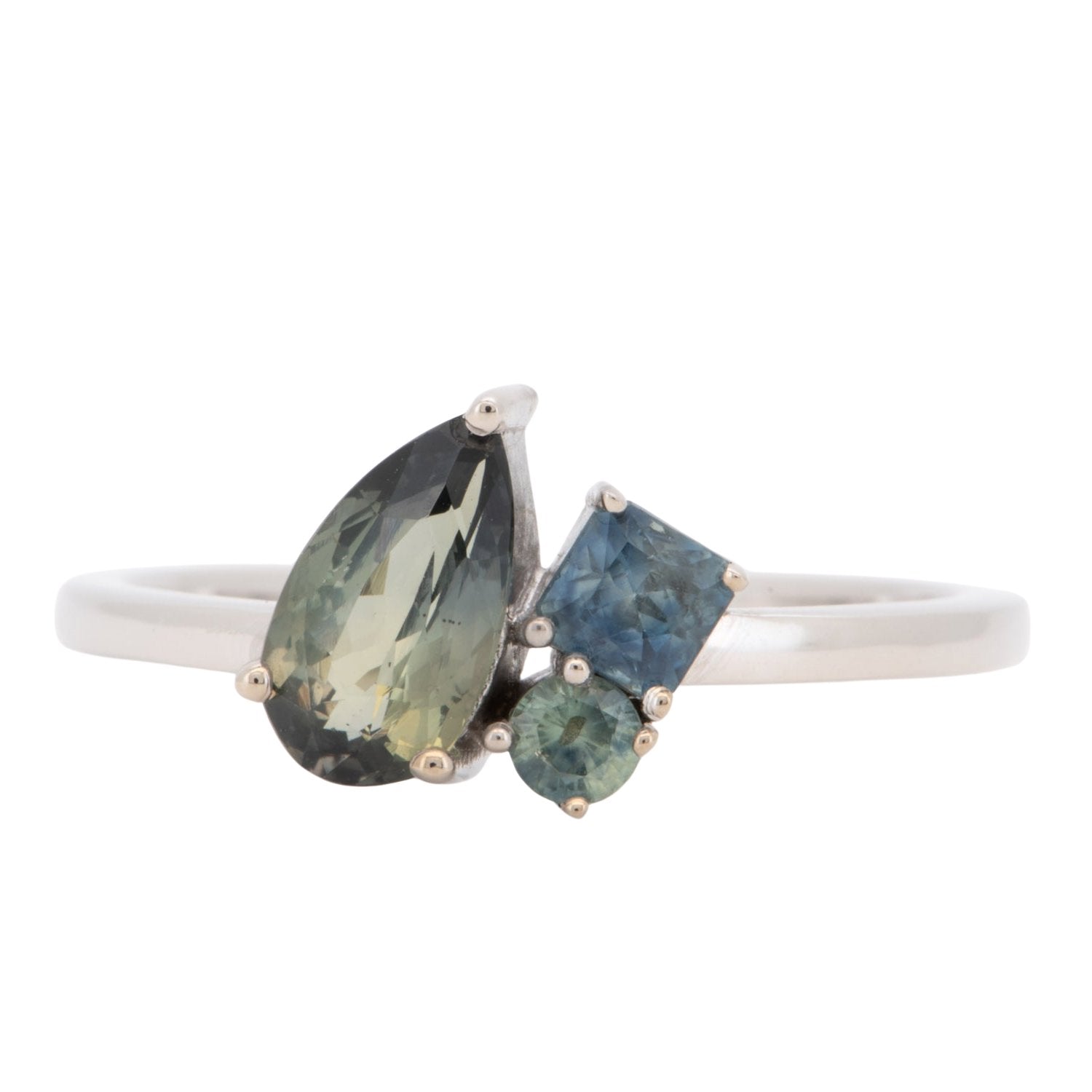 14K White Gold Bi-Color Montana Sapphire Cluster Ring Asymmetrical Unique R6801 Aurora Designer