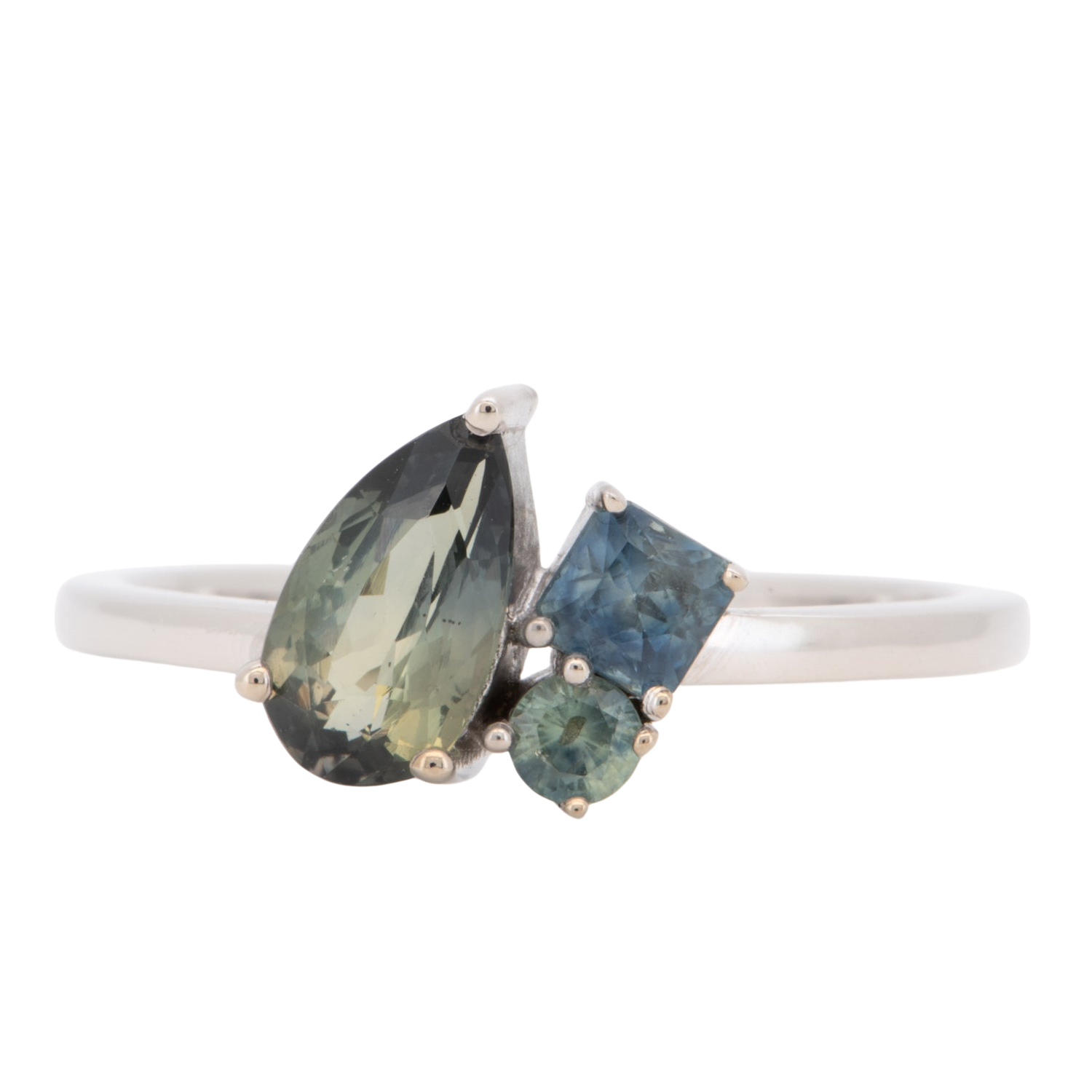 14K White Gold Bi-Color Montana Sapphire Cluster Ring Asymmetrical Unique R6801