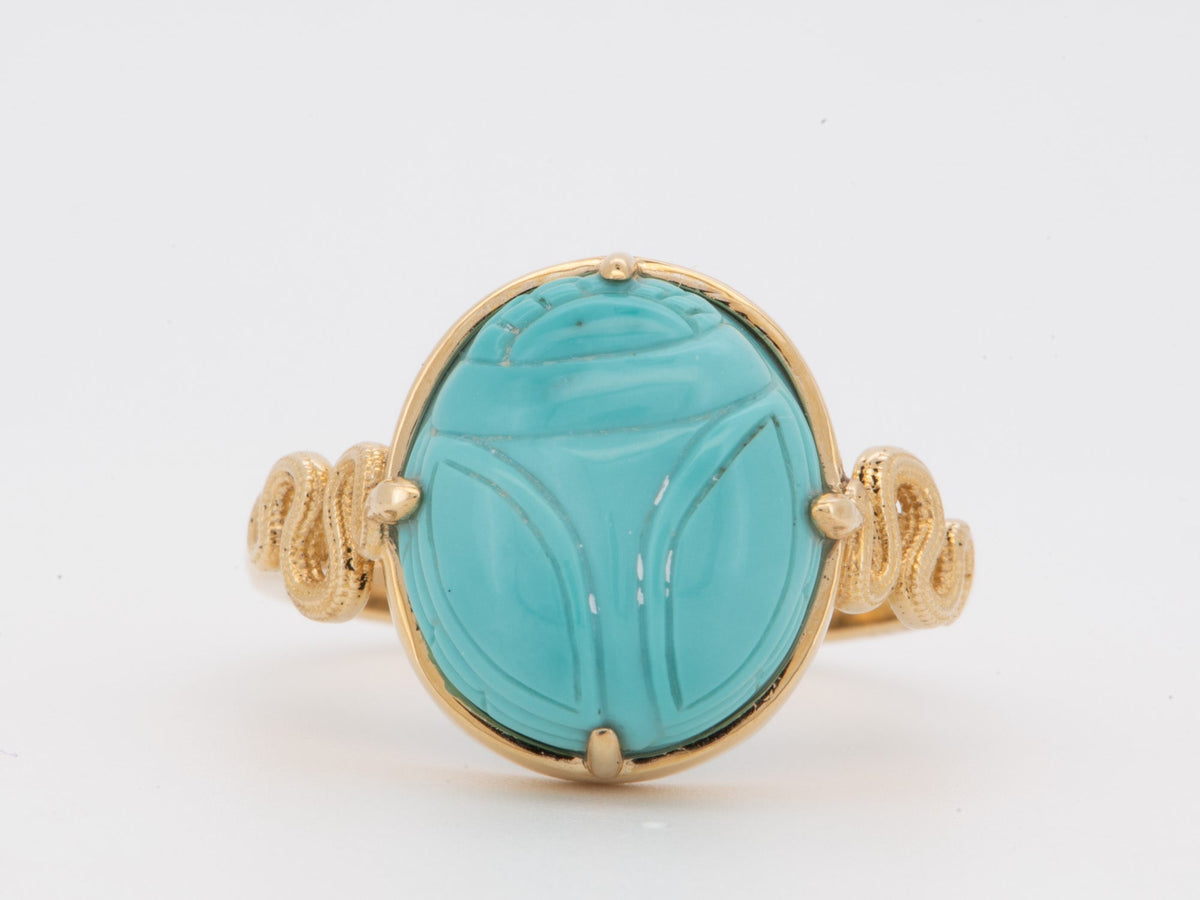 Scarab Turquoise Carving with Snake Coil 14K Gold Ring Hand Carved Natural Gemstone Egyptian Revival Jewelry R6802 Aurora Designer