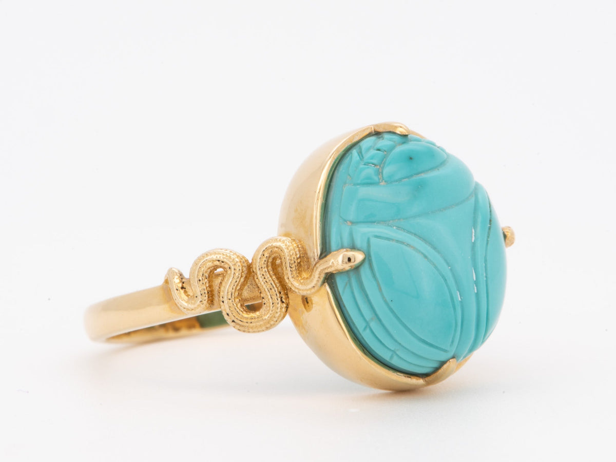 Scarab Turquoise Carving with Snake Coil 14K Gold Ring Hand Carved Natural Gemstone Egyptian Revival Jewelry R6802 Aurora Designer