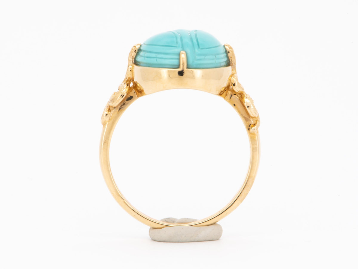 Scarab Turquoise Carving with Snake Coil 14K Gold Ring Hand Carved Natural Gemstone Egyptian Revival Jewelry R6802 Aurora Designer