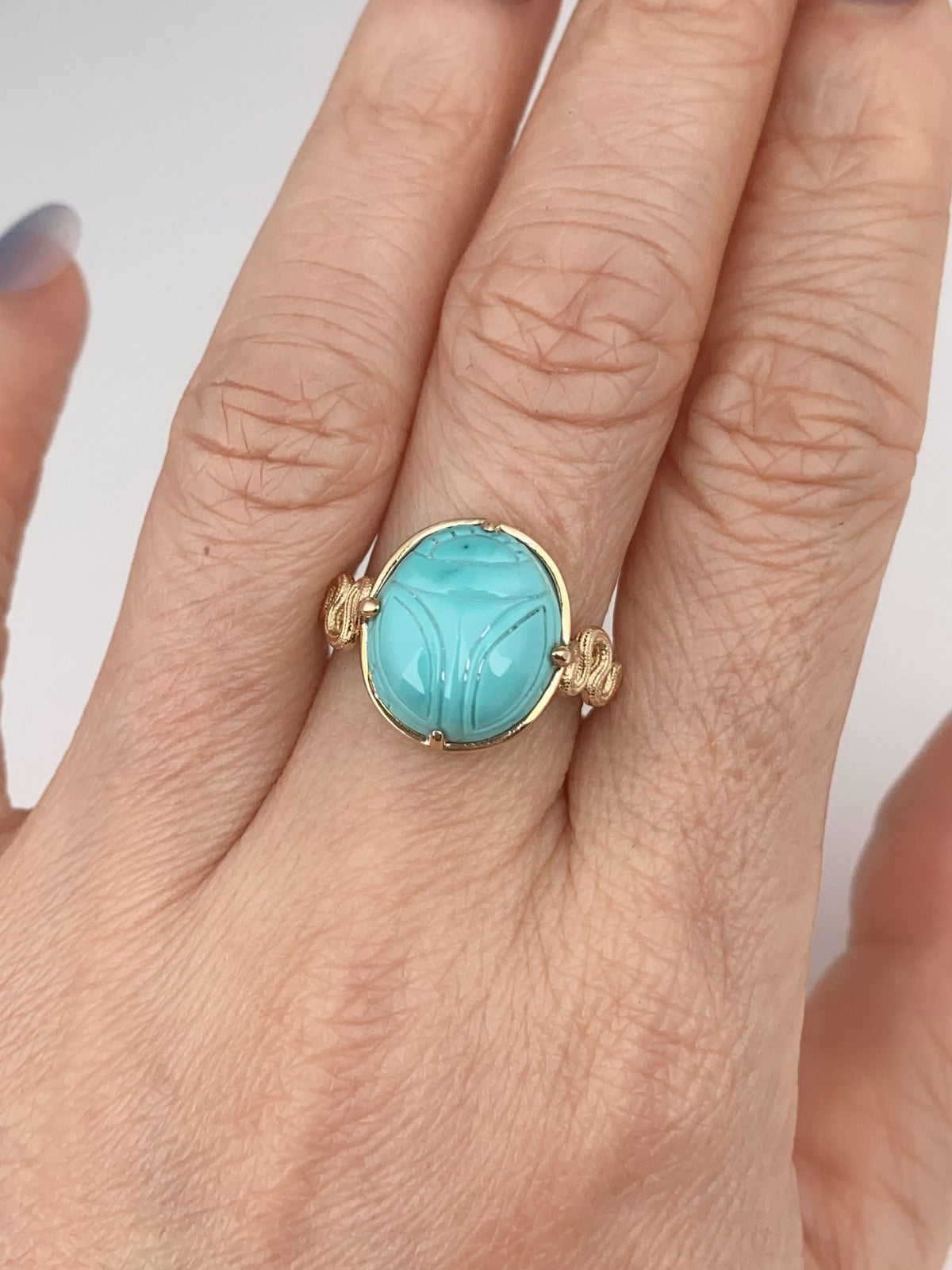 Scarab Turquoise Carving with Snake Coil 14K Gold Ring Hand Carved Natural Gemstone Egyptian Revival Jewelry R6802 Aurora Designer
