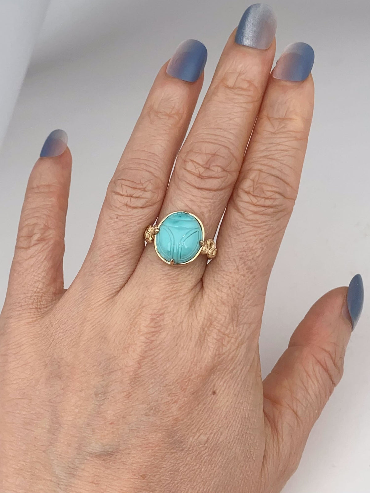 Scarab Turquoise Carving with Snake Coil 14K Gold Ring Hand Carved Natural Gemstone Egyptian Revival Jewelry R6802 Aurora Designer