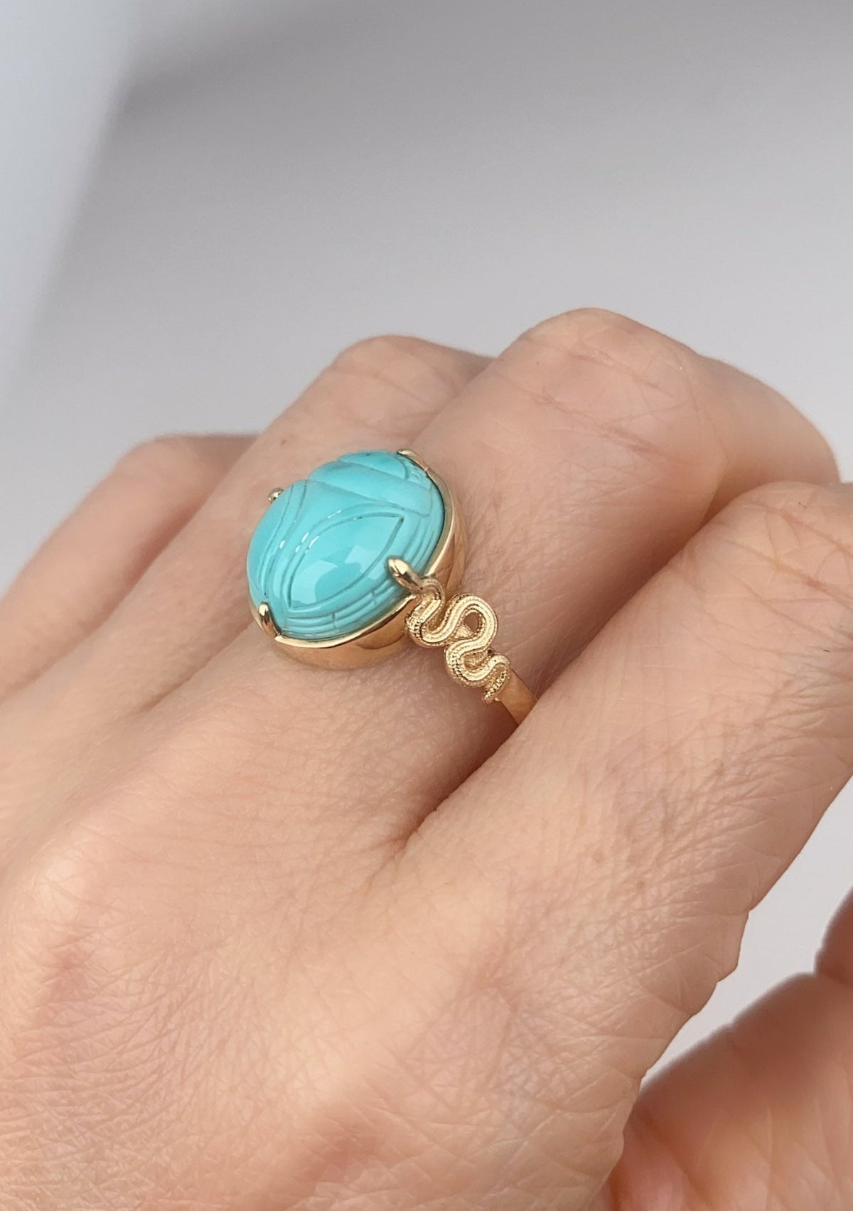 Scarab Turquoise Carving with Snake Coil 14K Gold Ring Hand Carved Natural Gemstone Egyptian Revival Jewelry R6802 Aurora Designer