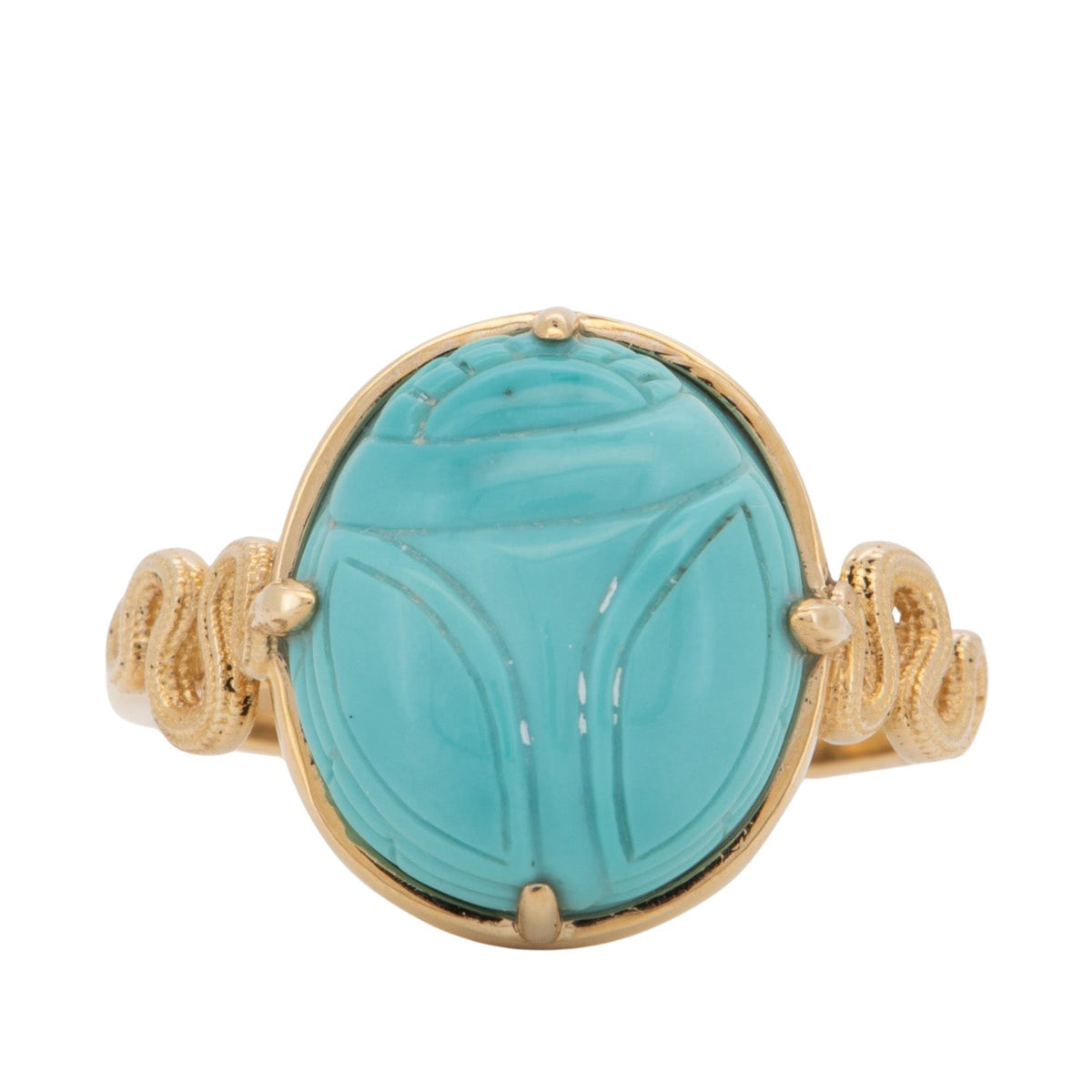Scarab Turquoise Carving with Snake Coil 14K Gold Ring Hand Carved Natural Gemstone Egyptian Revival Jewelry R6802 Aurora Designer