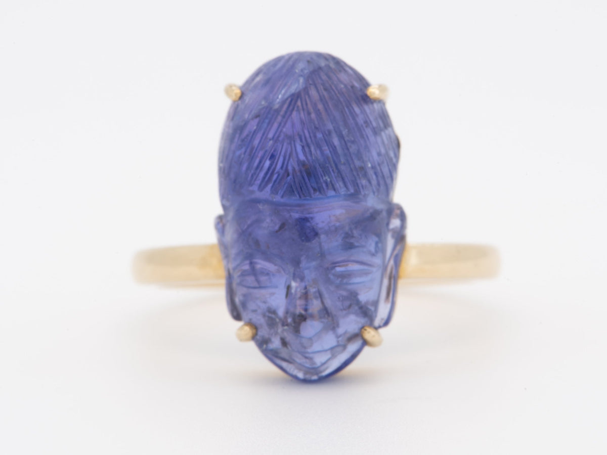 Natural Tanzanite Buddha Carving Ring 9K Gold Carved Gemstone Unique R6803 Aurora Designer