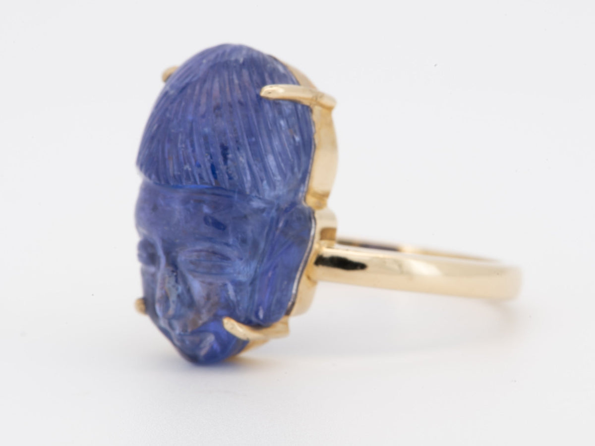 Natural Tanzanite Buddha Carving Ring 9K Gold Carved Gemstone Unique R6803 Aurora Designer