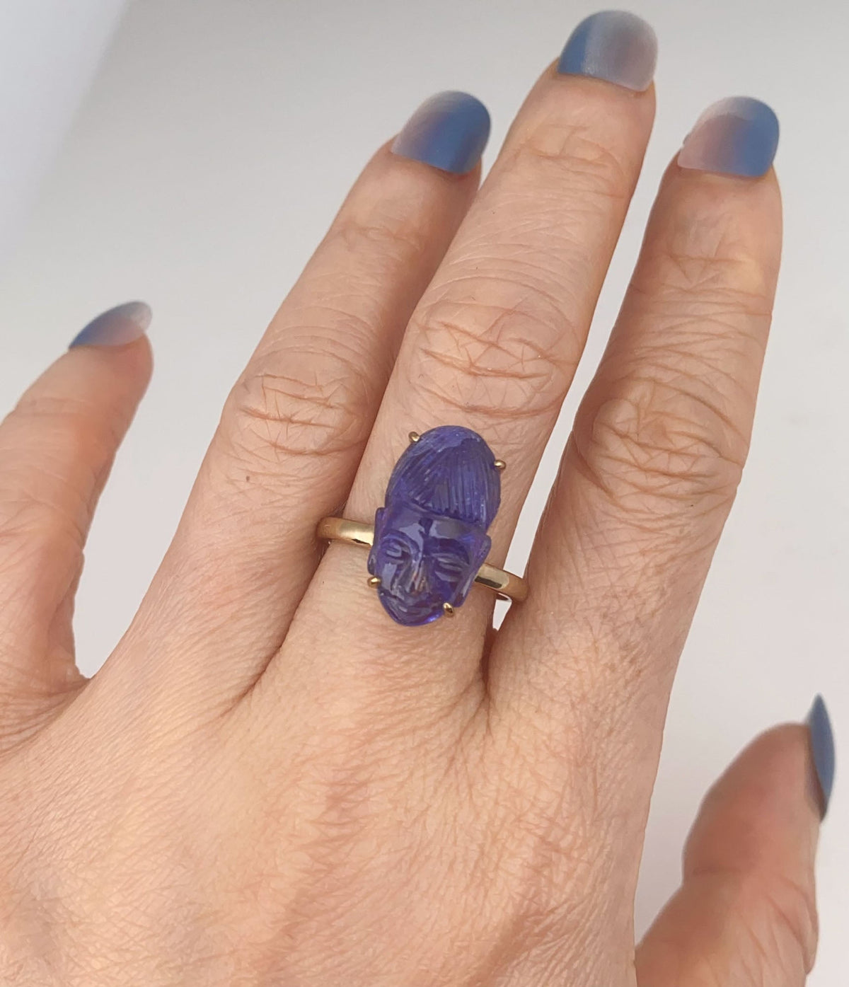 Natural Tanzanite Buddha Carving Ring 9K Gold Carved Gemstone Unique R6803 Aurora Designer