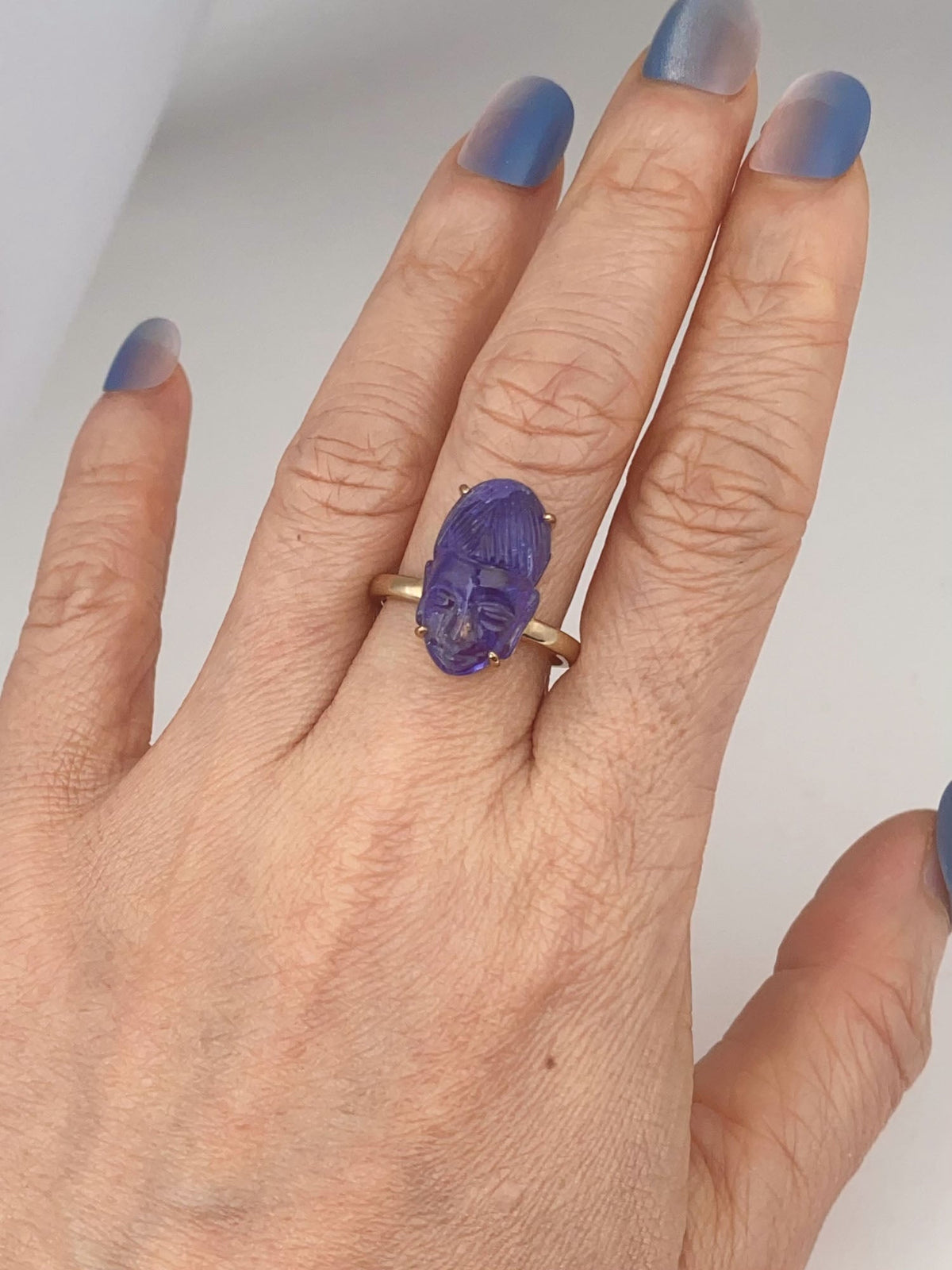 Natural Tanzanite Buddha Carving Ring 9K Gold Carved Gemstone Unique R6803 Aurora Designer