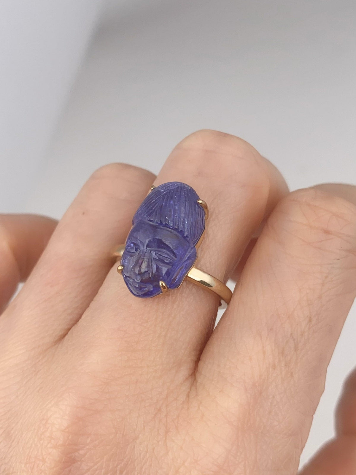 Natural Tanzanite Buddha Carving Ring 9K Gold Carved Gemstone Unique R6803 Aurora Designer