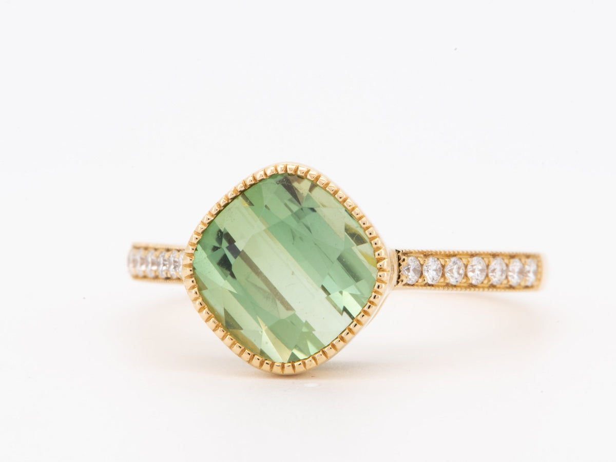 3ct Green Tourmaline Diagonally Set 14K Gold Engagement Ring with Diamond Band R6804 Aurora Designer