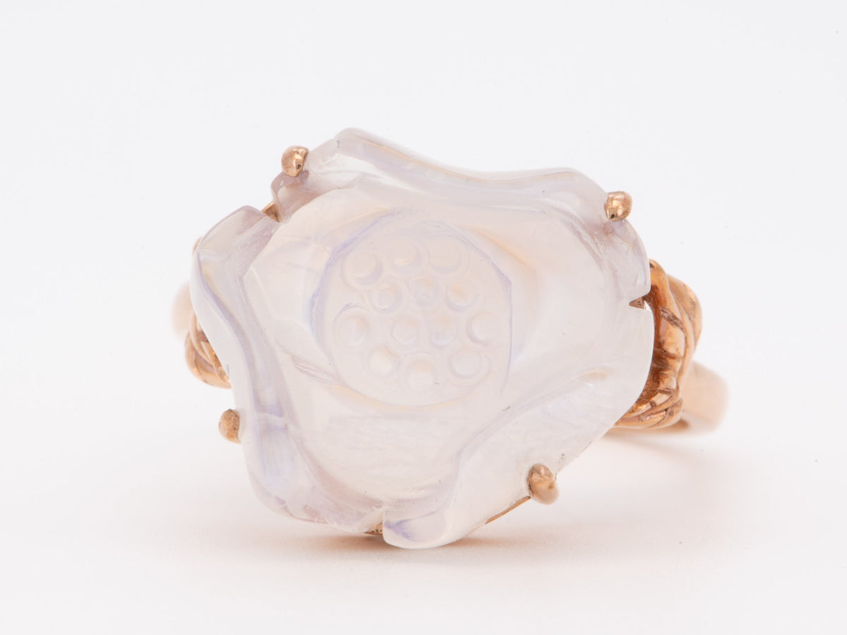 Moonstone Lotus Flower Carving 9K Rose Gold Ring with Leaf on Band Nature Inspired R6805 Aurora Designer