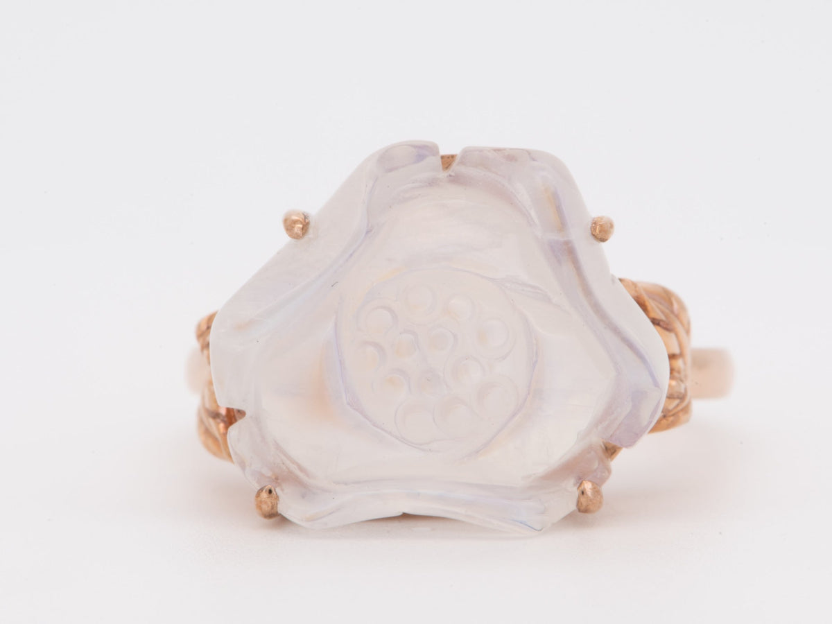 Moonstone Lotus Flower Carving 9K Rose Gold Ring with Leaf on Band Nature Inspired R6805 Aurora Designer