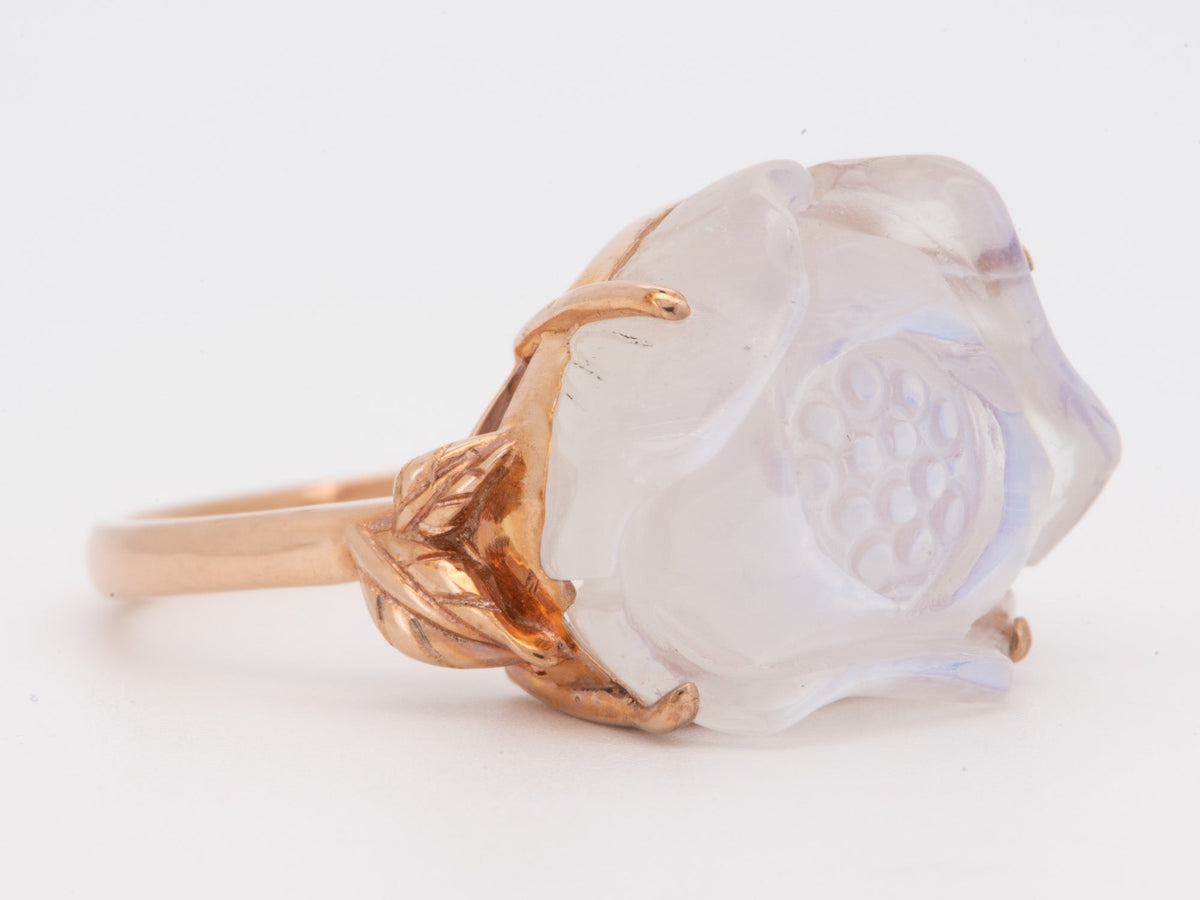 Moonstone Lotus Flower Carving 9K Rose Gold Ring with Leaf on Band Nature Inspired R6805 Aurora Designer